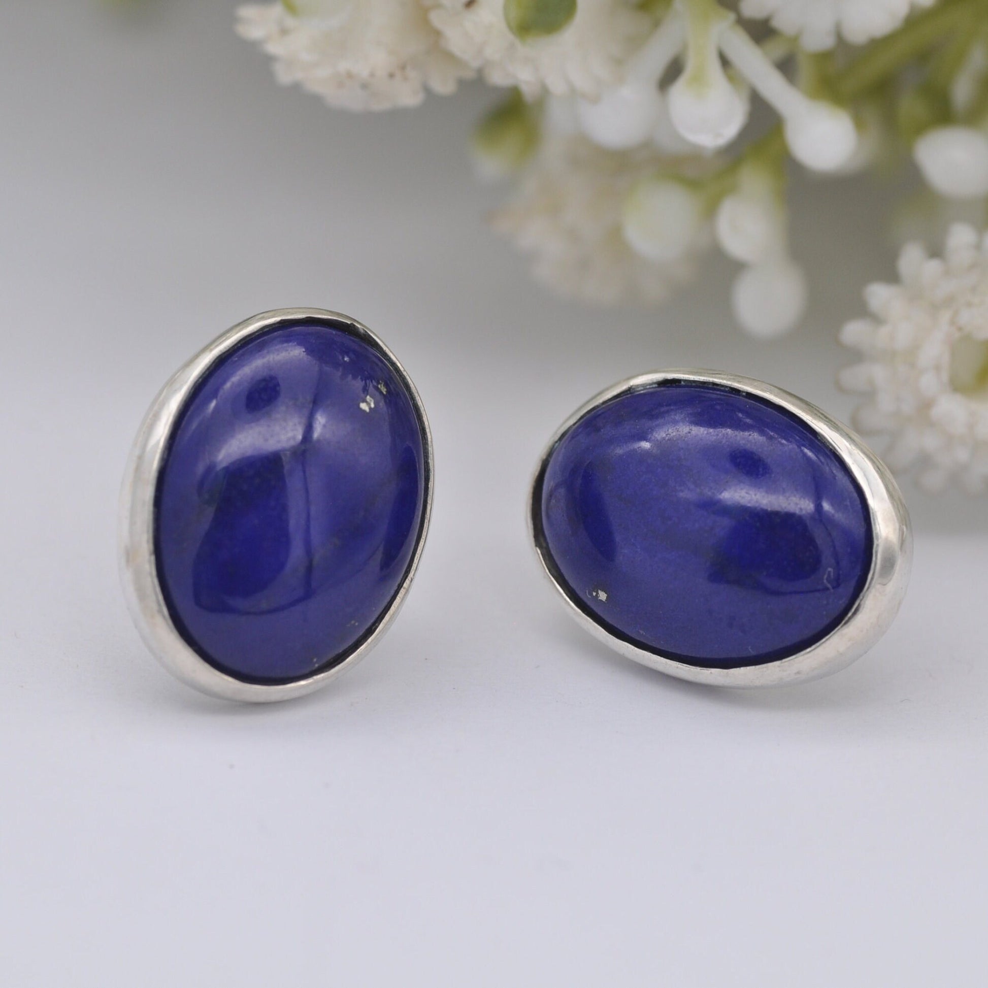 Vintage Sterling Silver Lapis Lazuli Stud Earrings - Chunky Oval Cabochon Studs