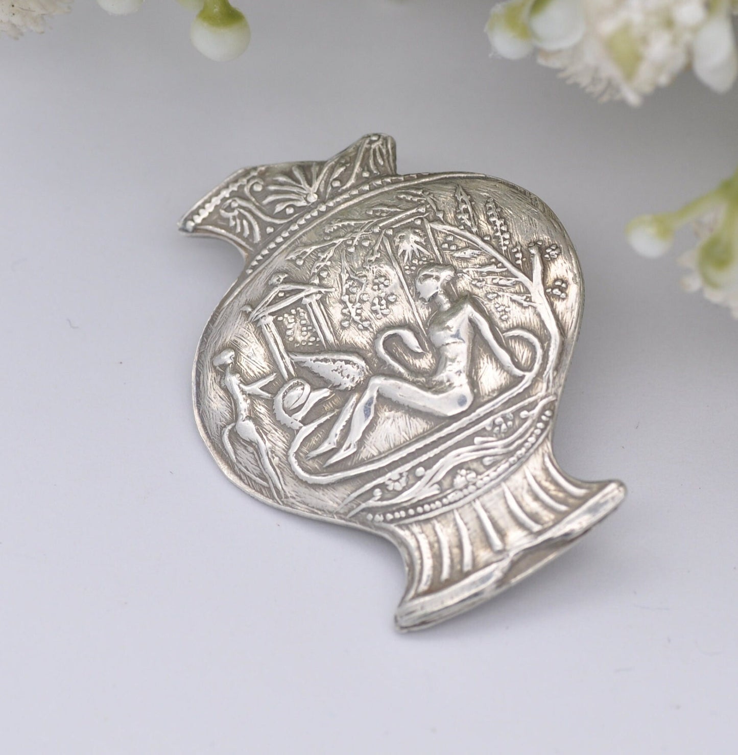 Vintage Silver Leda and the Swan Brooch - Greek Vase | Classical Urn | Ancient Myth Imagery