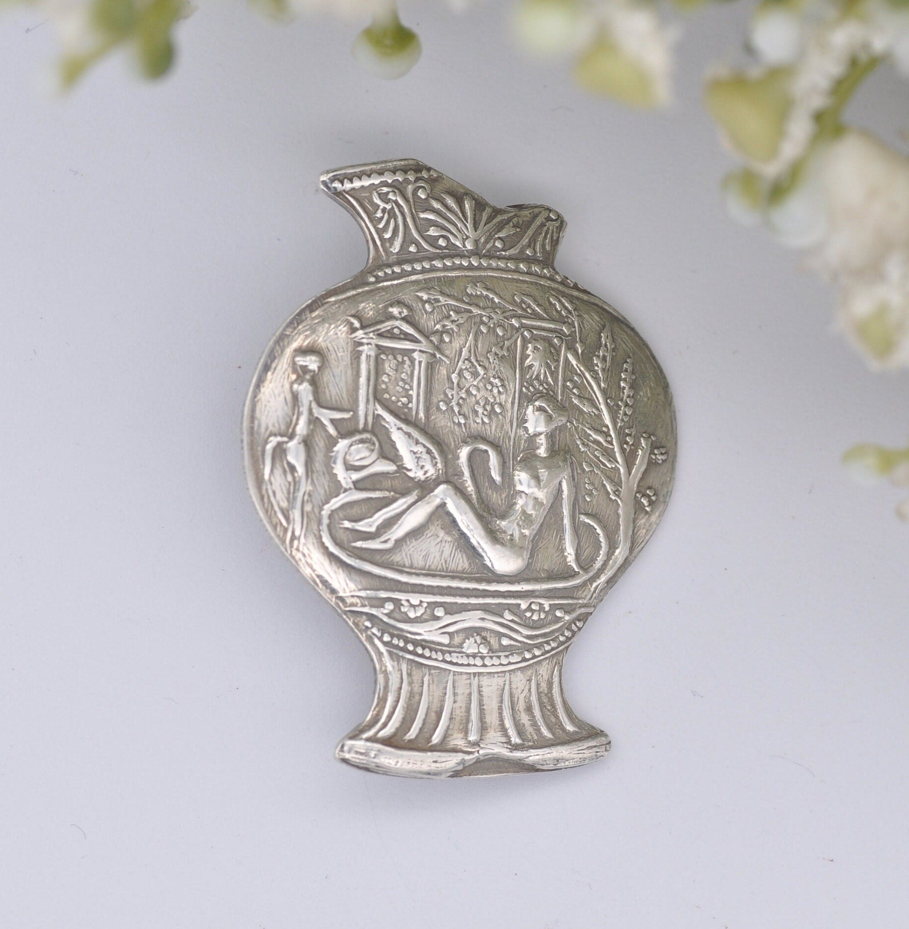 Vintage Silver Leda and the Swan Brooch - Greek Vase | Classical Urn | Ancient Myth Imagery