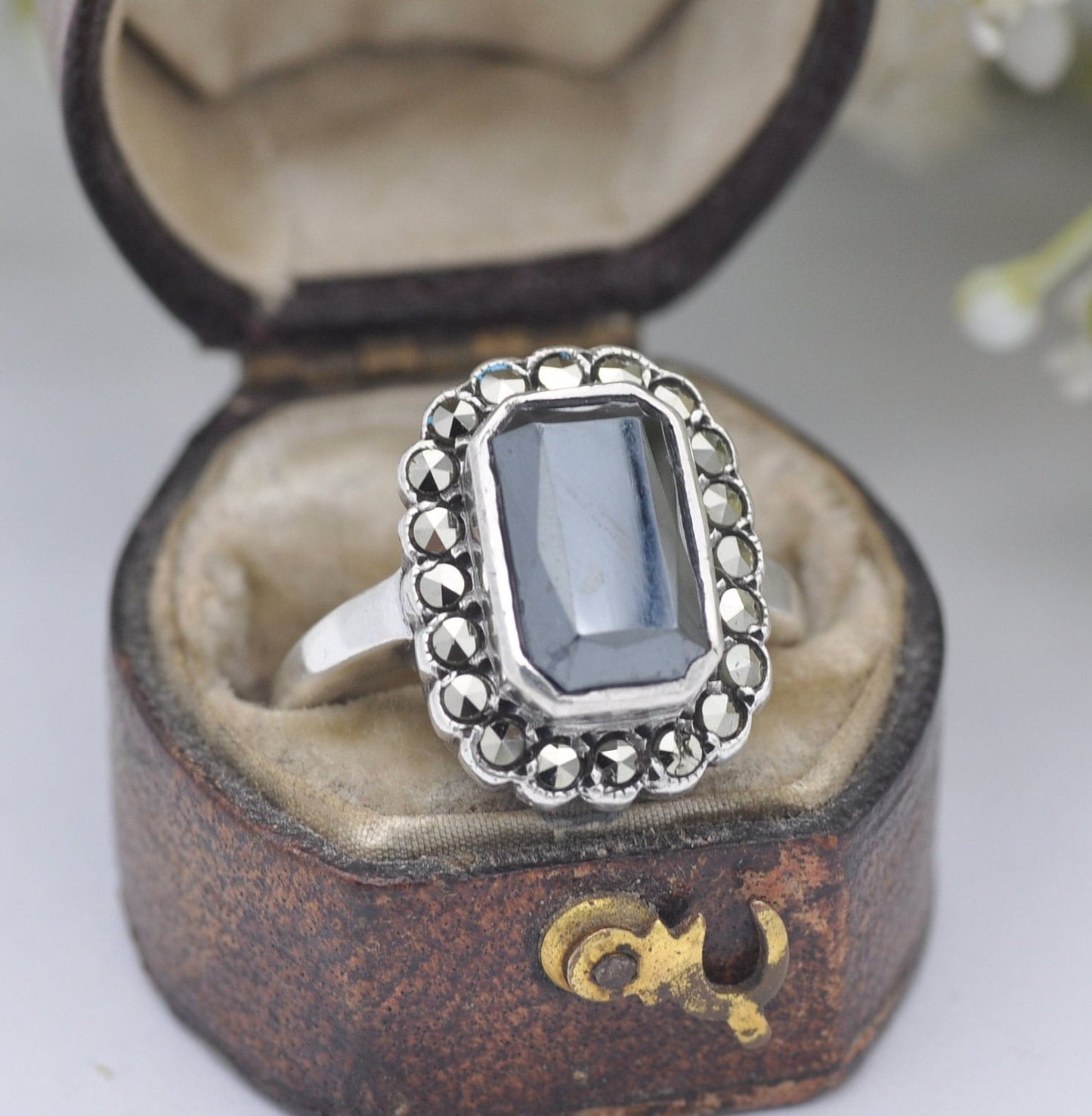 Vintage Sterling Silver Hematite Marcasite Ring Art Deco Style - UK Size - O 1/2 | US Size - 7 1/2