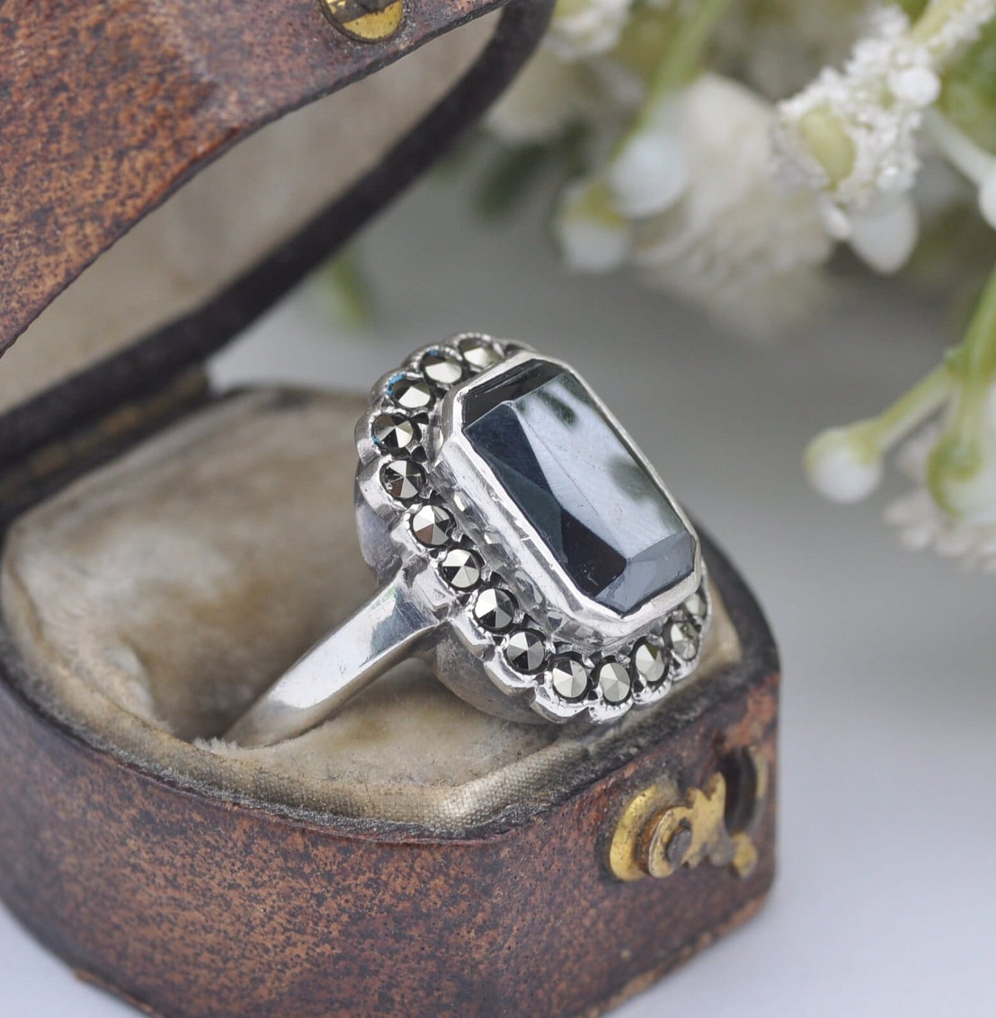 Vintage Sterling Silver Hematite Marcasite Ring Art Deco Style - UK Size - O 1/2 | US Size - 7 1/2