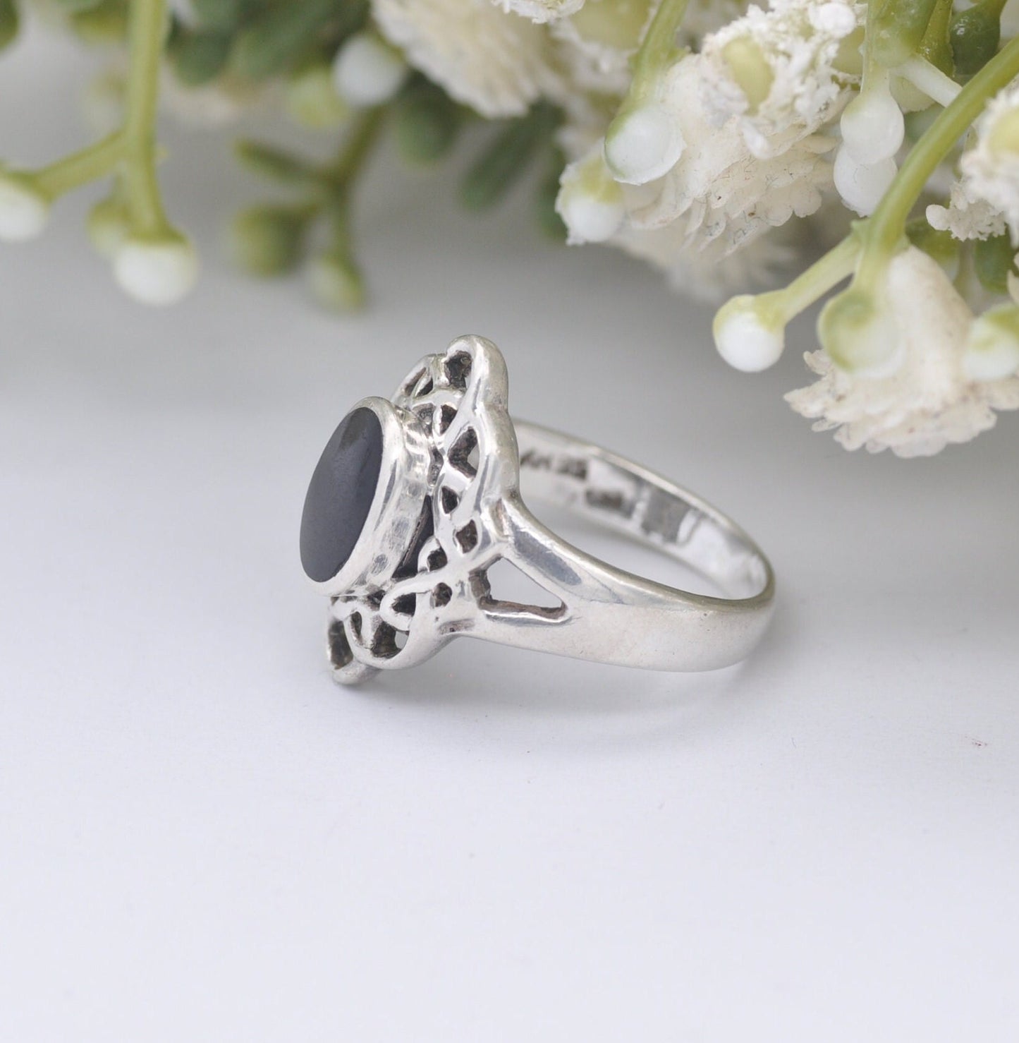 Vintage Kit Heath Sterling Silver Onyx Celtic Twist Ring - Ornate Setting | UK Size - L 1/2 / US Size - 6