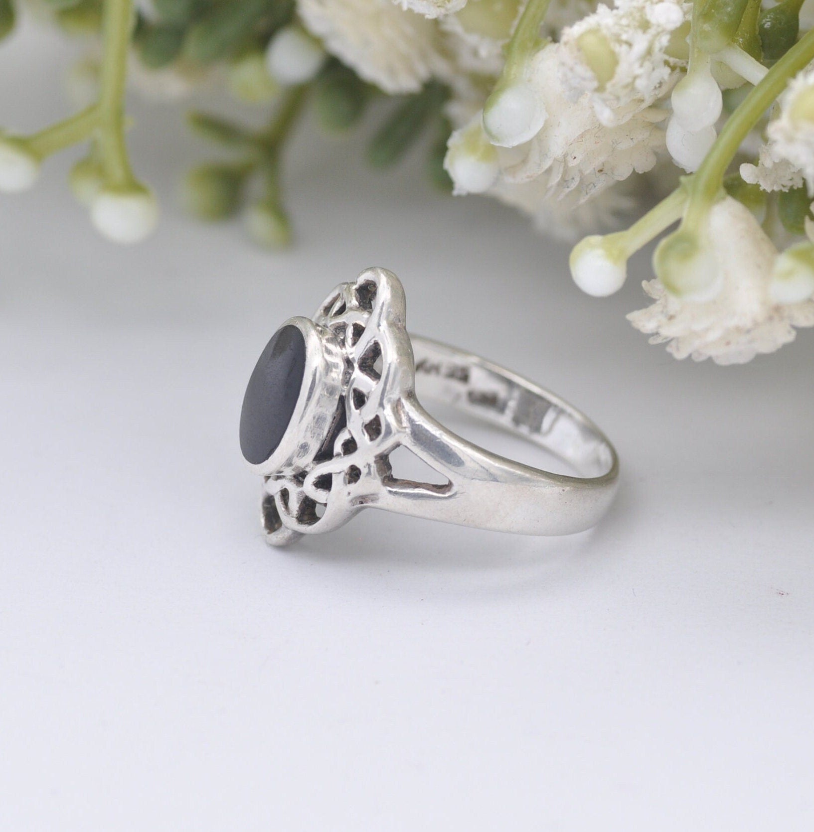 Vintage Kit Heath Sterling Silver Onyx Celtic Twist Ring - Ornate Setting | UK Size - L 1/2 / US Size - 6