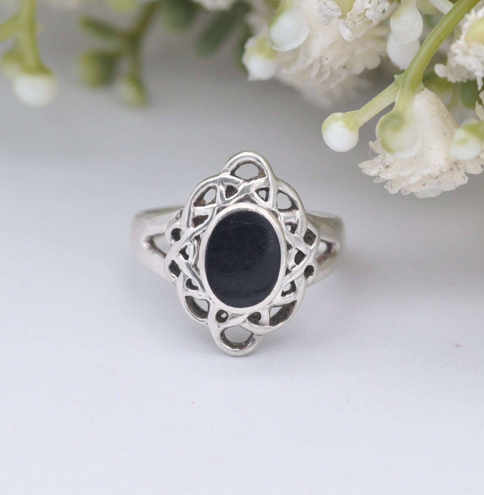 Vintage Kit Heath Sterling Silver Onyx Celtic Twist Ring - Ornate Setting | UK Size - L 1/2 / US Size - 6