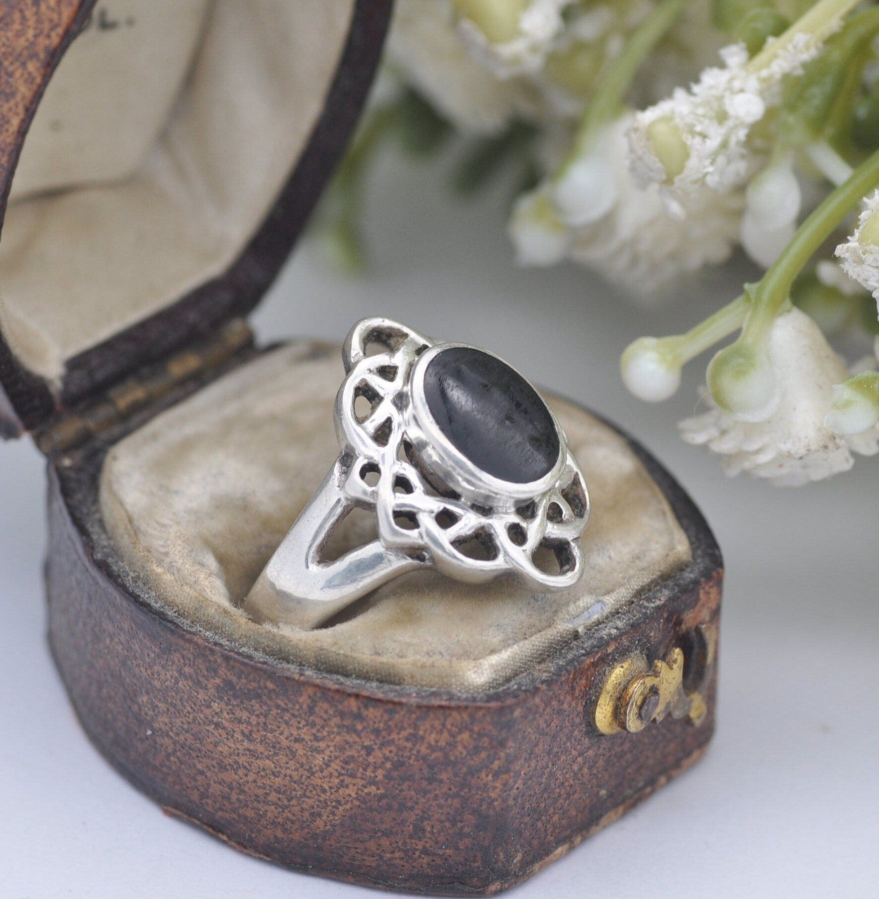 Vintage Kit Heath Sterling Silver Onyx Celtic Twist Ring - Ornate Setting | UK Size - L 1/2 / US Size - 6