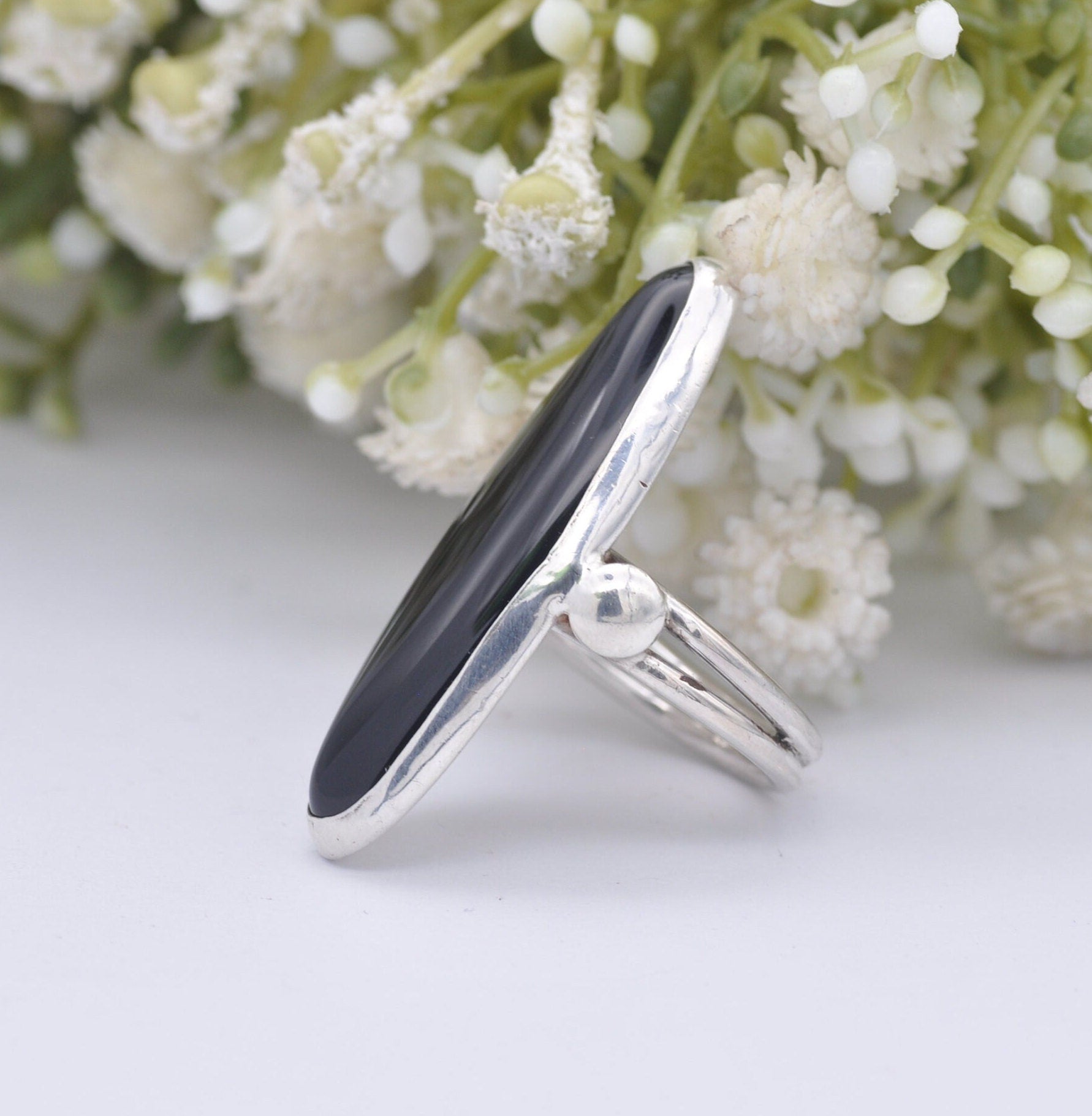 Vintage Pipis Sterling Silver Onyx Rings - Handmade Greek Designer | Large Black Stone | UK Size - M 1/2 | US Size - 6 1/2