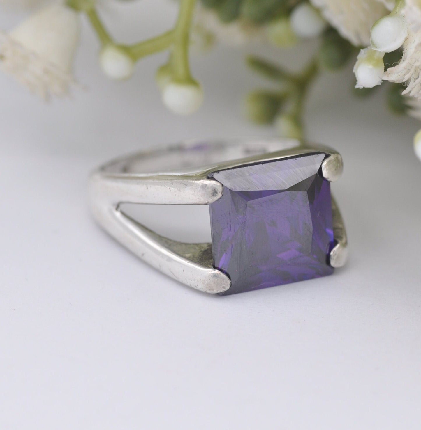 Italian Sterling Silver Purple Crystal Ring - Chunky Square Stone Ring | UK Size - S | US Size - 9