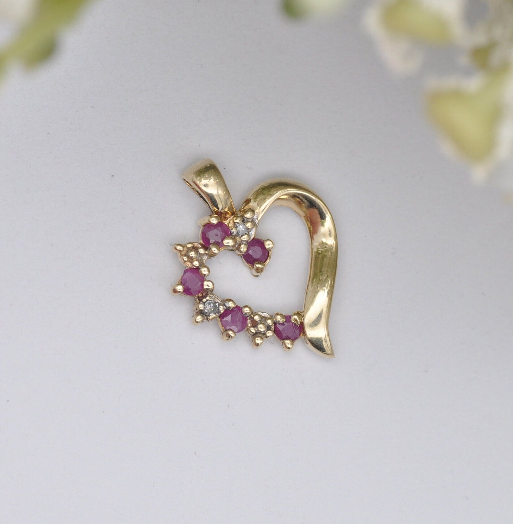 Vintage 10ct Gold Ruby and Diamond and Heart Pendant
