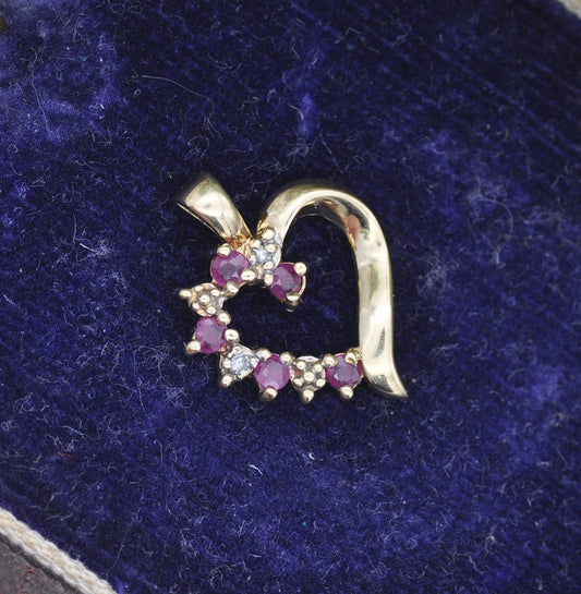 Vintage 10ct Gold Ruby and Diamond and Heart Pendant