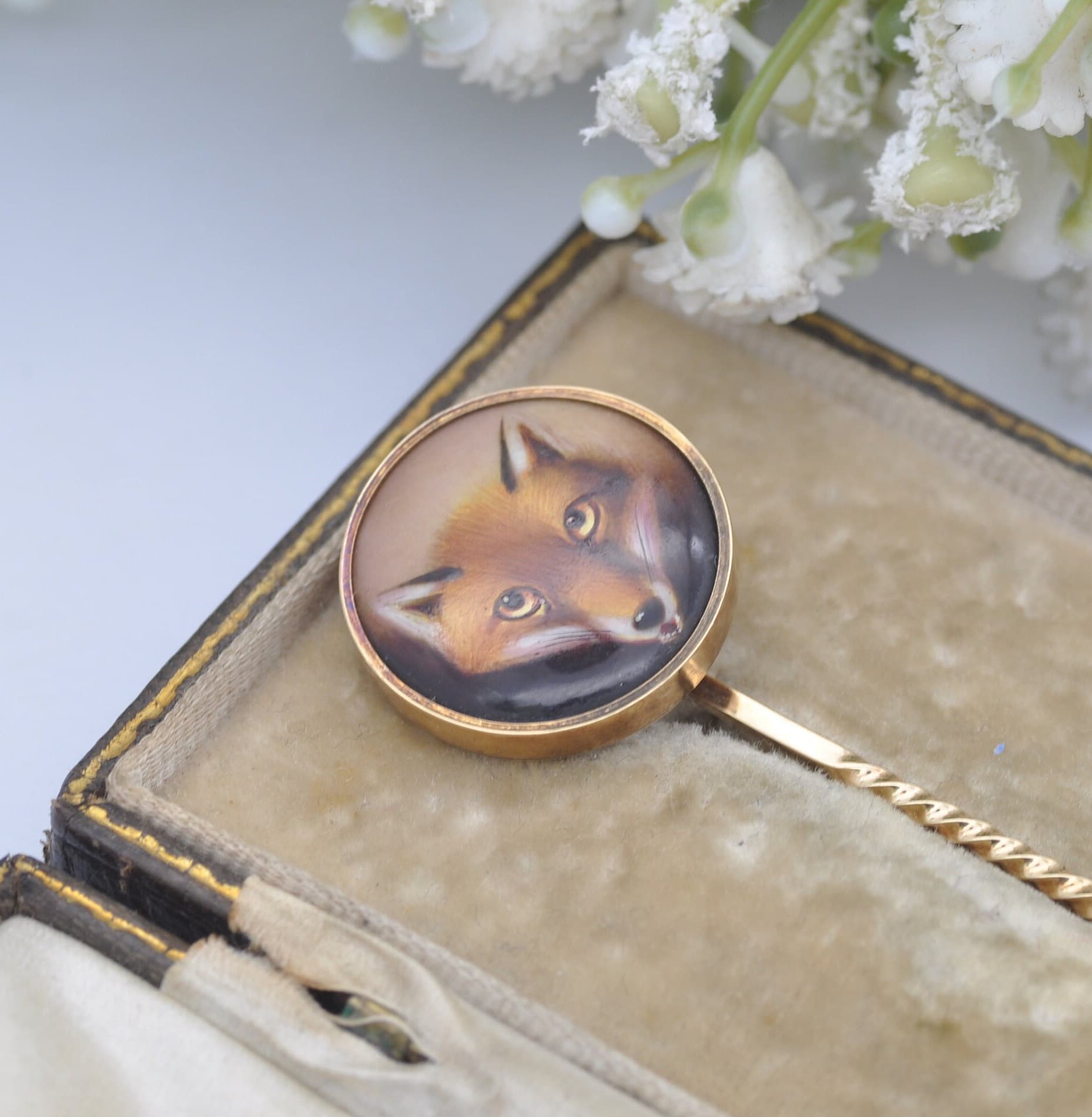 Antique Victorian 18ct Gold Stick Pin with Hand Painted Fox by John William Bailey