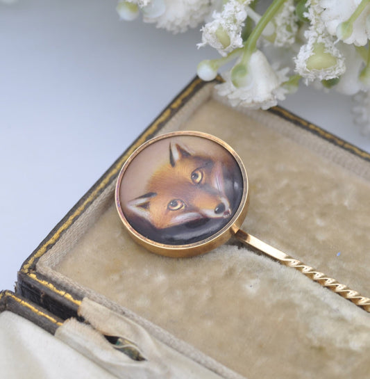 Antique Victorian 18ct Gold Stick Pin with Hand Painted Fox by John William Bailey