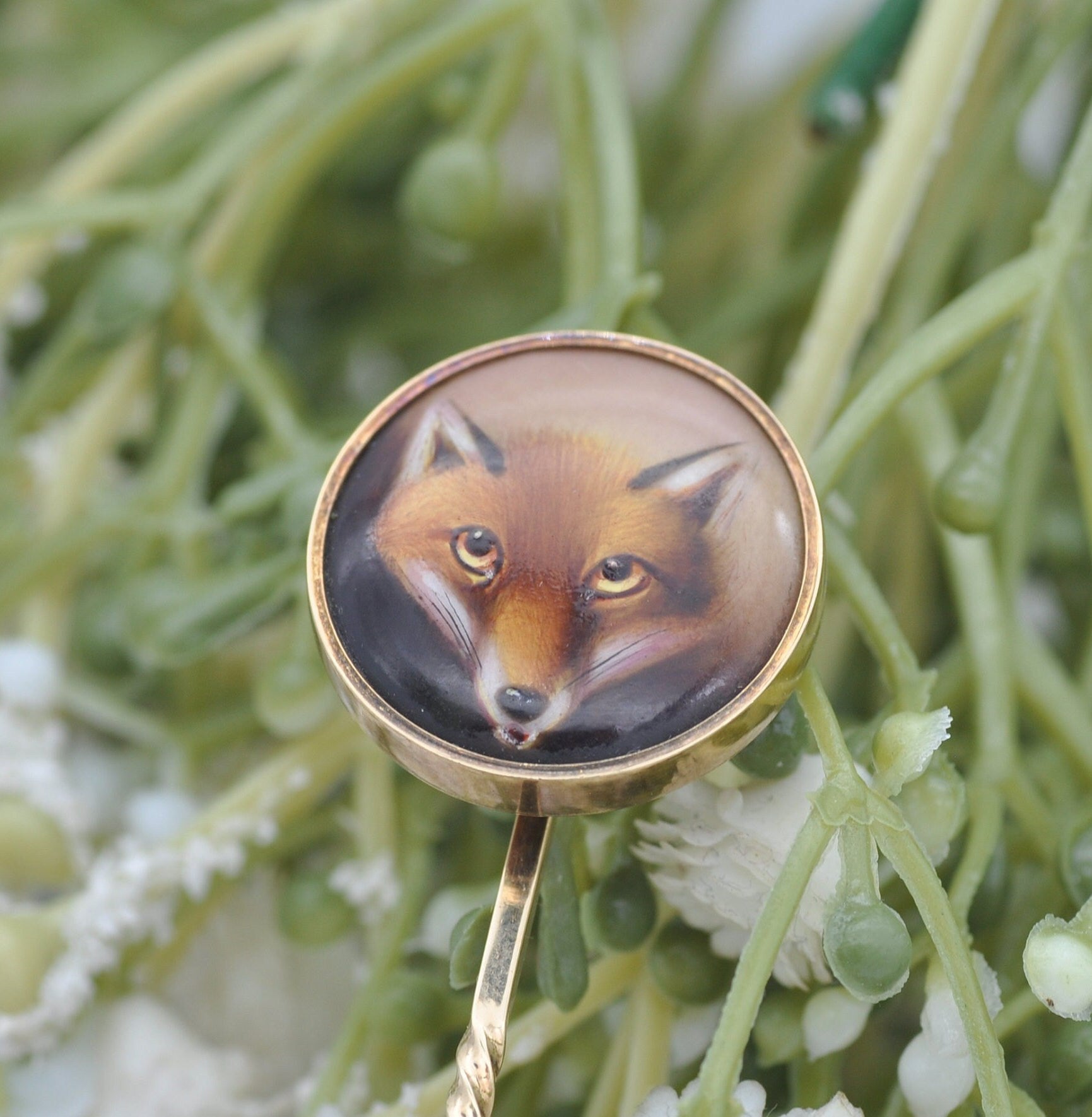 Antique Victorian 18ct Gold Stick Pin with Hand Painted Fox by John William Bailey