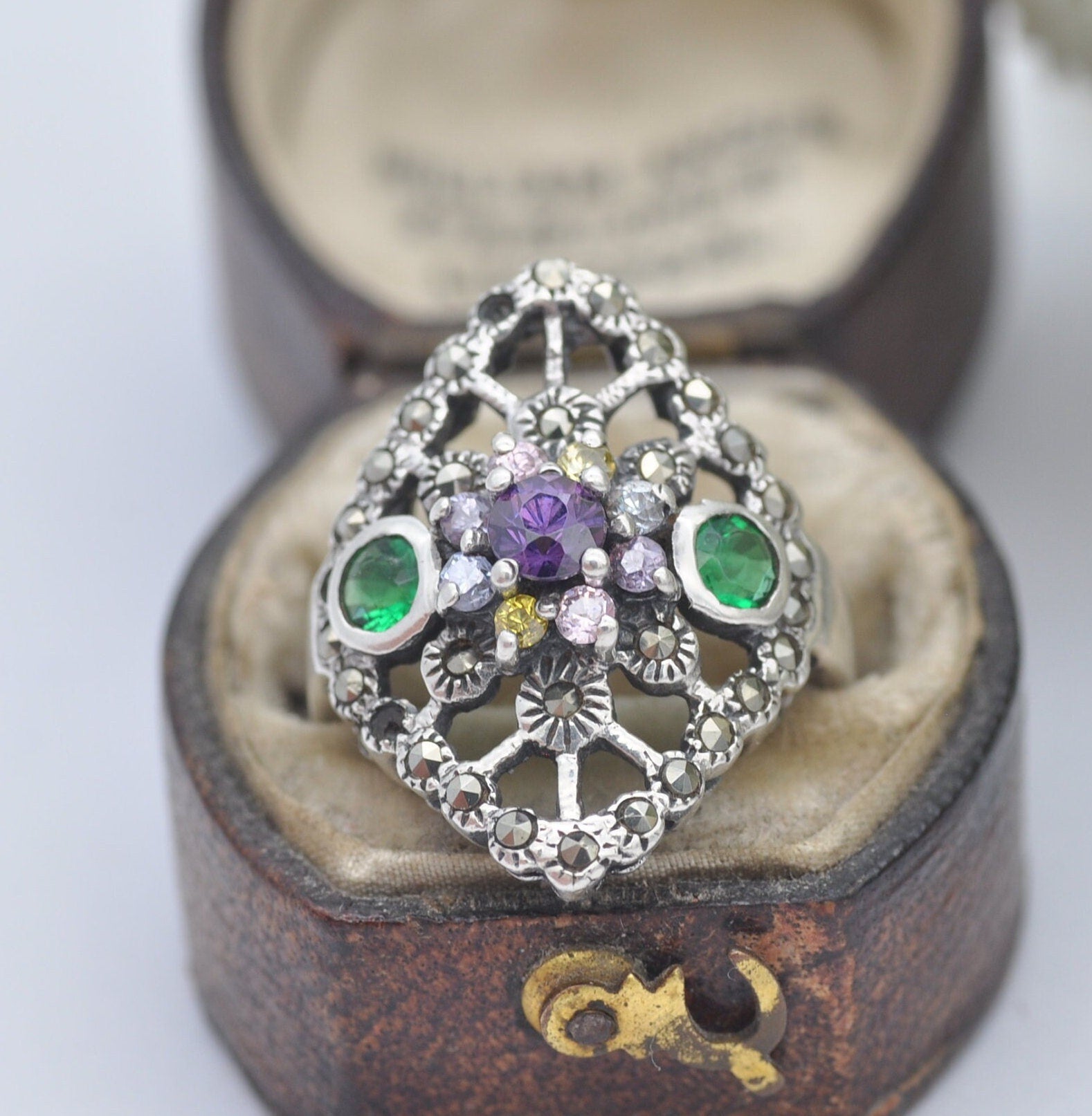 Vintage Sterling Silver Multiple Gemstone Amethyst and Marcasite Ring - Colourful Multigem | UK Size - M | US Size - 6