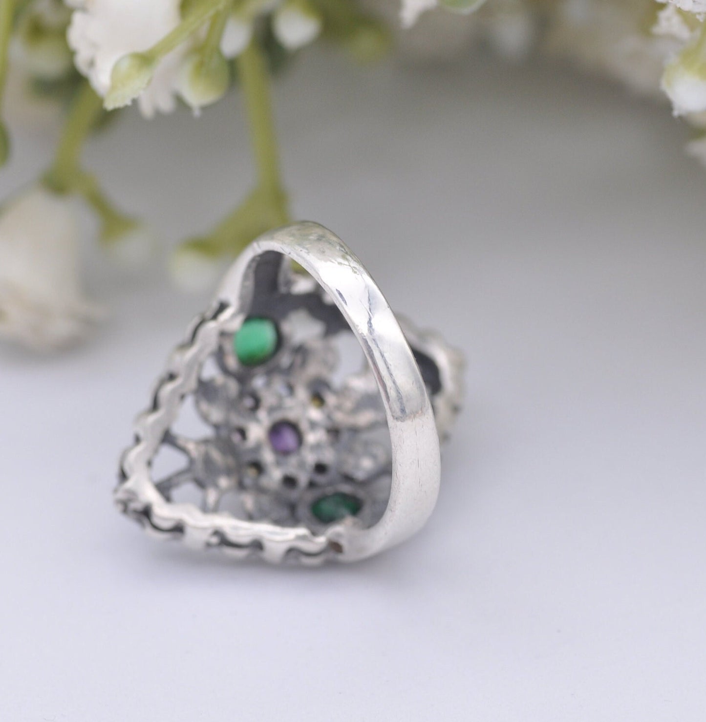 Vintage Sterling Silver Multiple Gemstone Amethyst and Marcasite Ring - Colourful Multigem | UK Size - M | US Size - 6