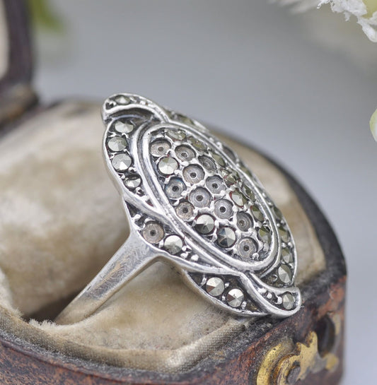 Vintage Art Deco Sterling Silver Marcasite Statement Ring - UK Size - L 1/2 | US Size - 6