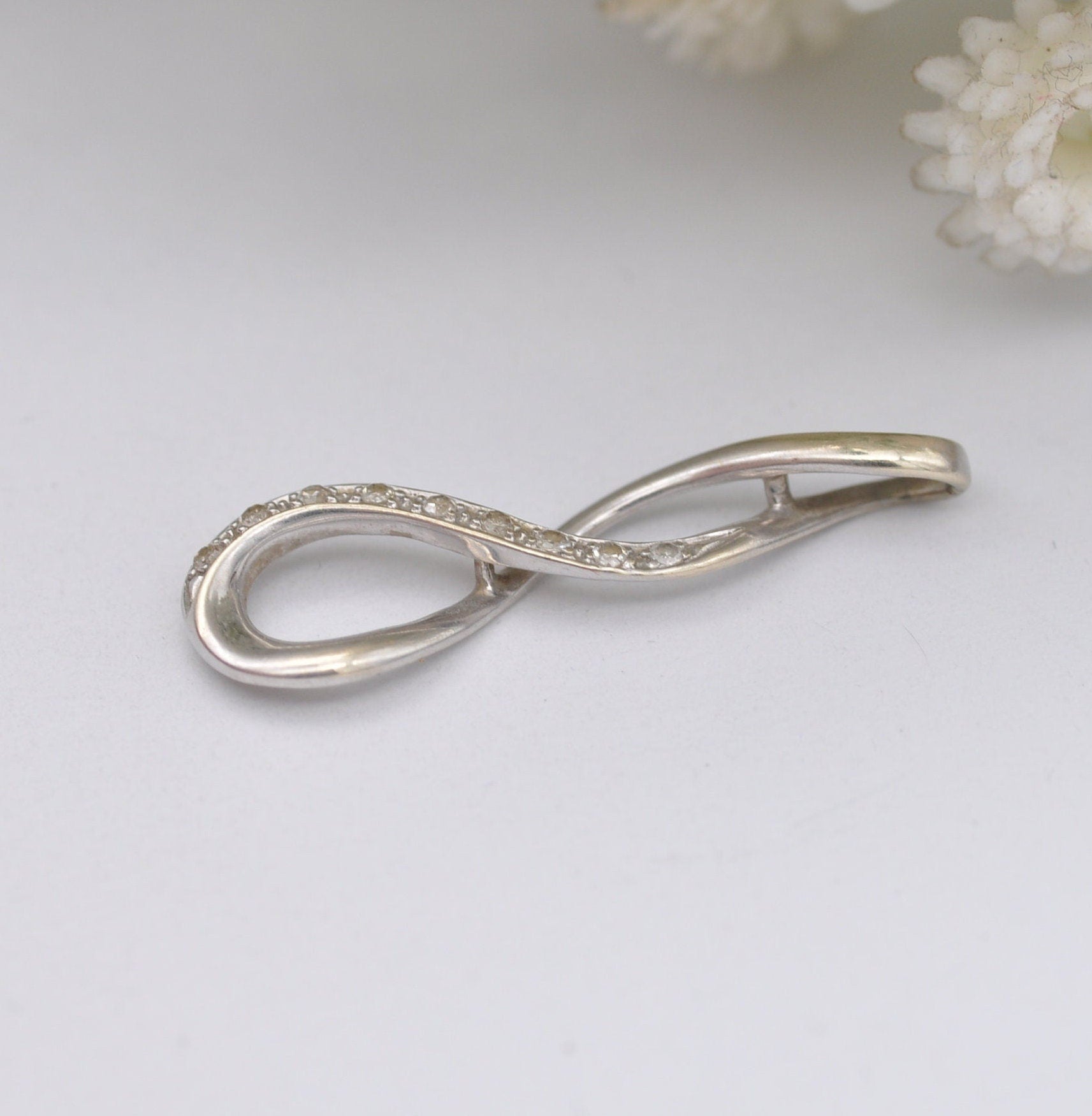 9ct White Gold Diamond Pendant - Delicate Twisted Necklace