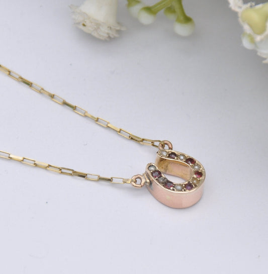 Antique Victorian 9ct Rose Gold Garnet Seed Pearl Pendant Necklace - Lucky Horseshoe