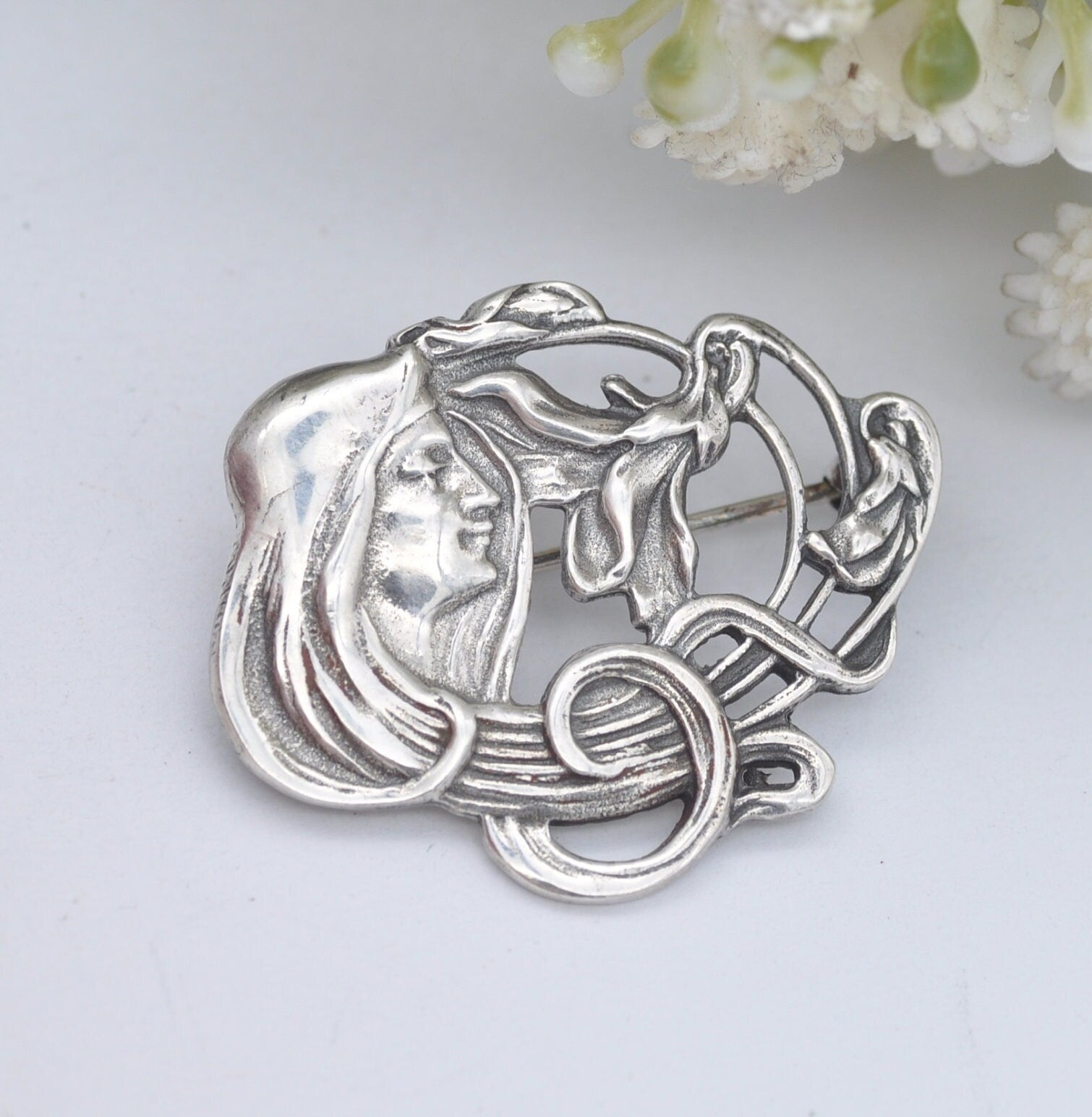 Vintage Sterling Silver Art Nouveau Style Face Brooch - Floral Portrait | Flower Girl