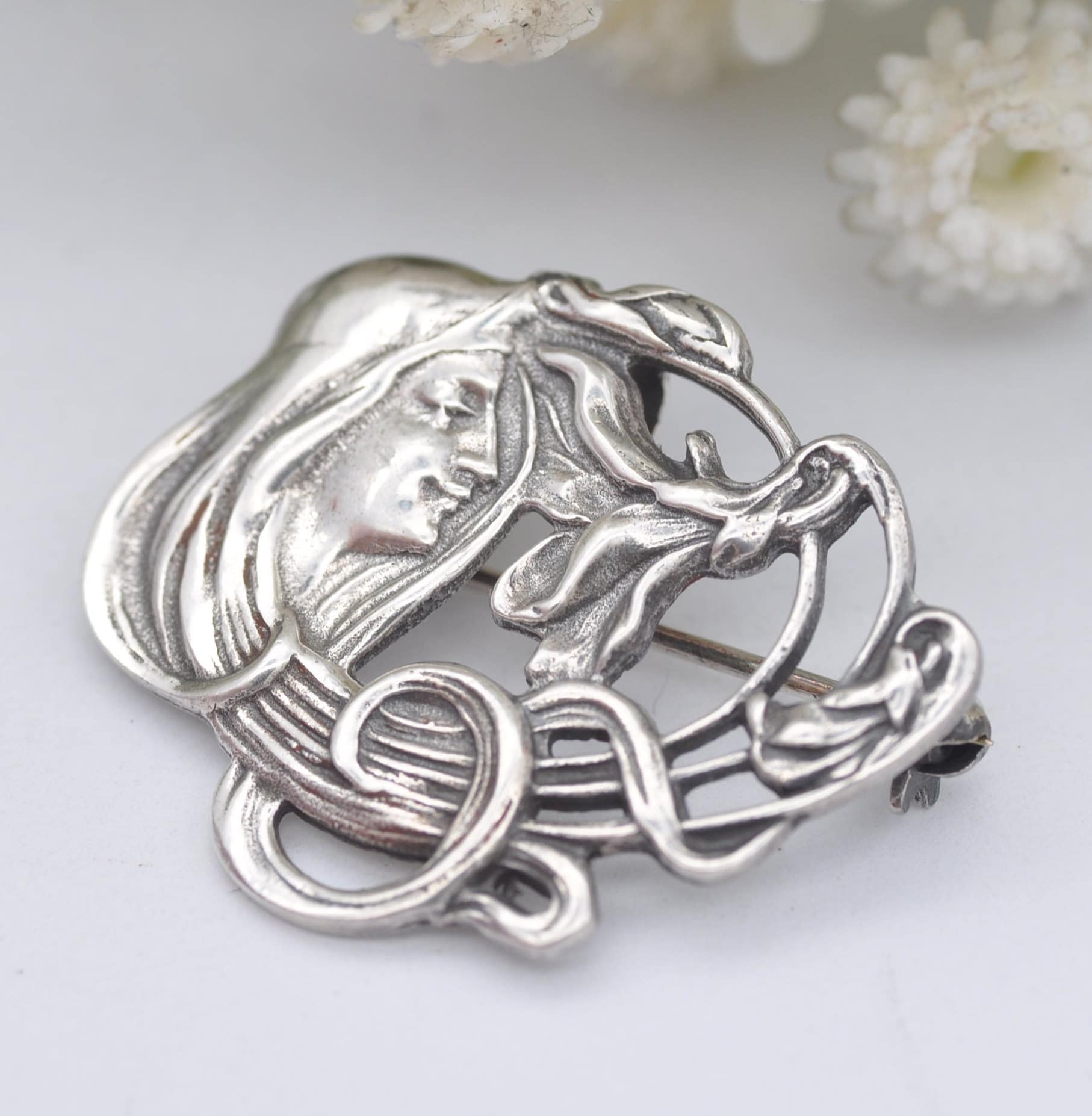 Vintage Sterling Silver Art Nouveau Style Face Brooch - Floral Portrait | Flower Girl