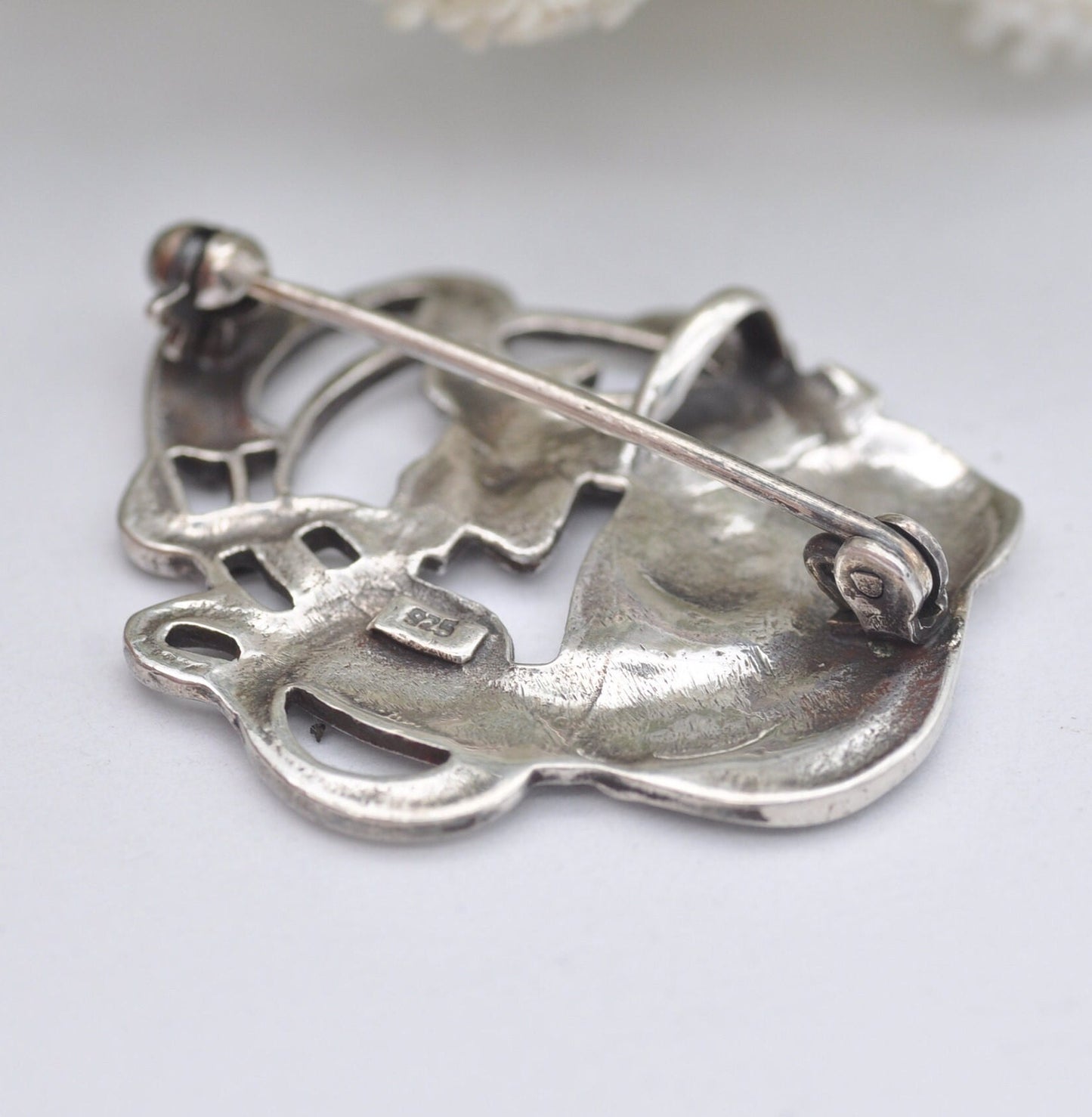 Vintage Sterling Silver Art Nouveau Style Face Brooch - Floral Portrait | Flower Girl