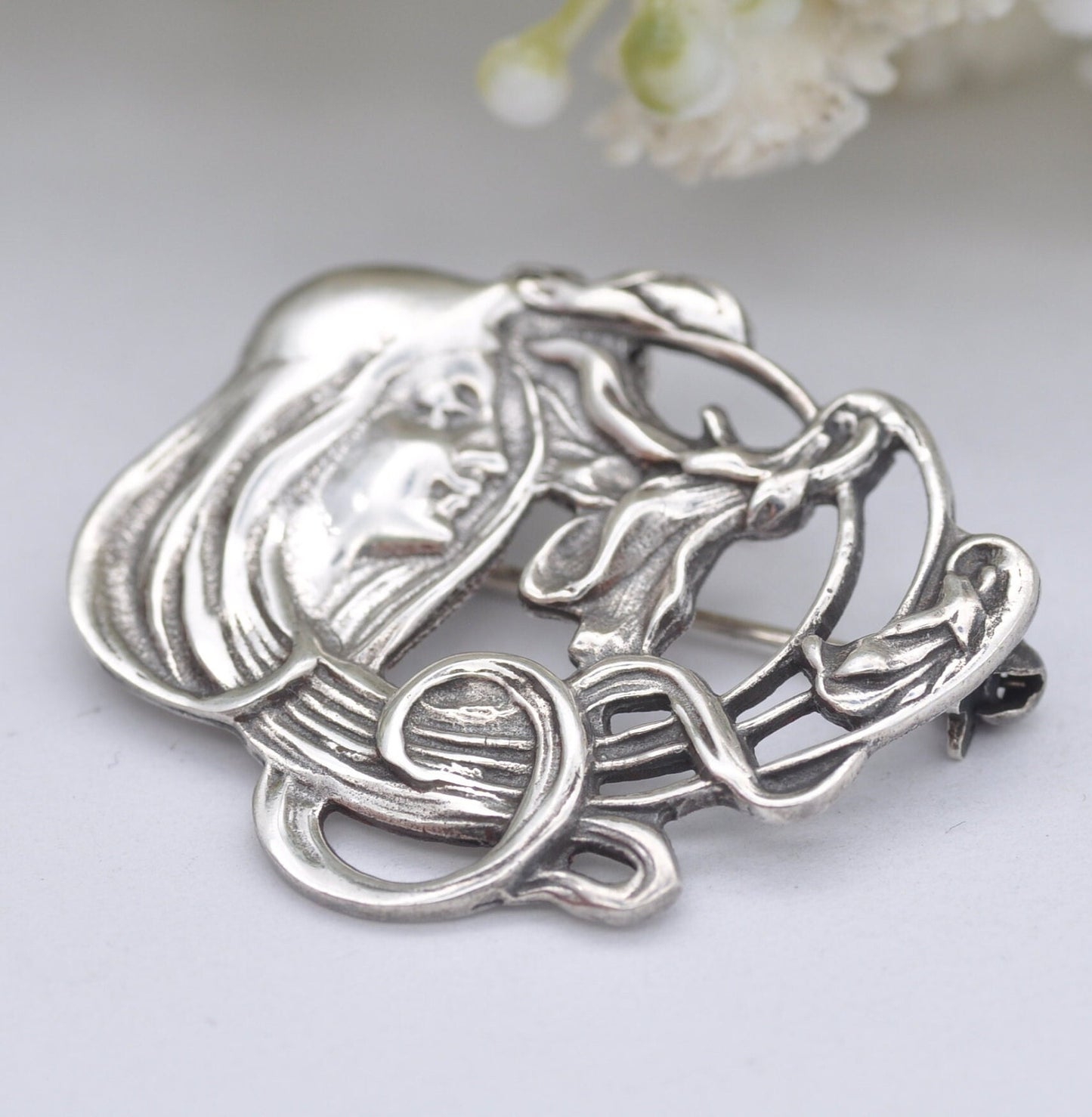 Vintage Sterling Silver Art Nouveau Style Face Brooch - Floral Portrait | Flower Girl