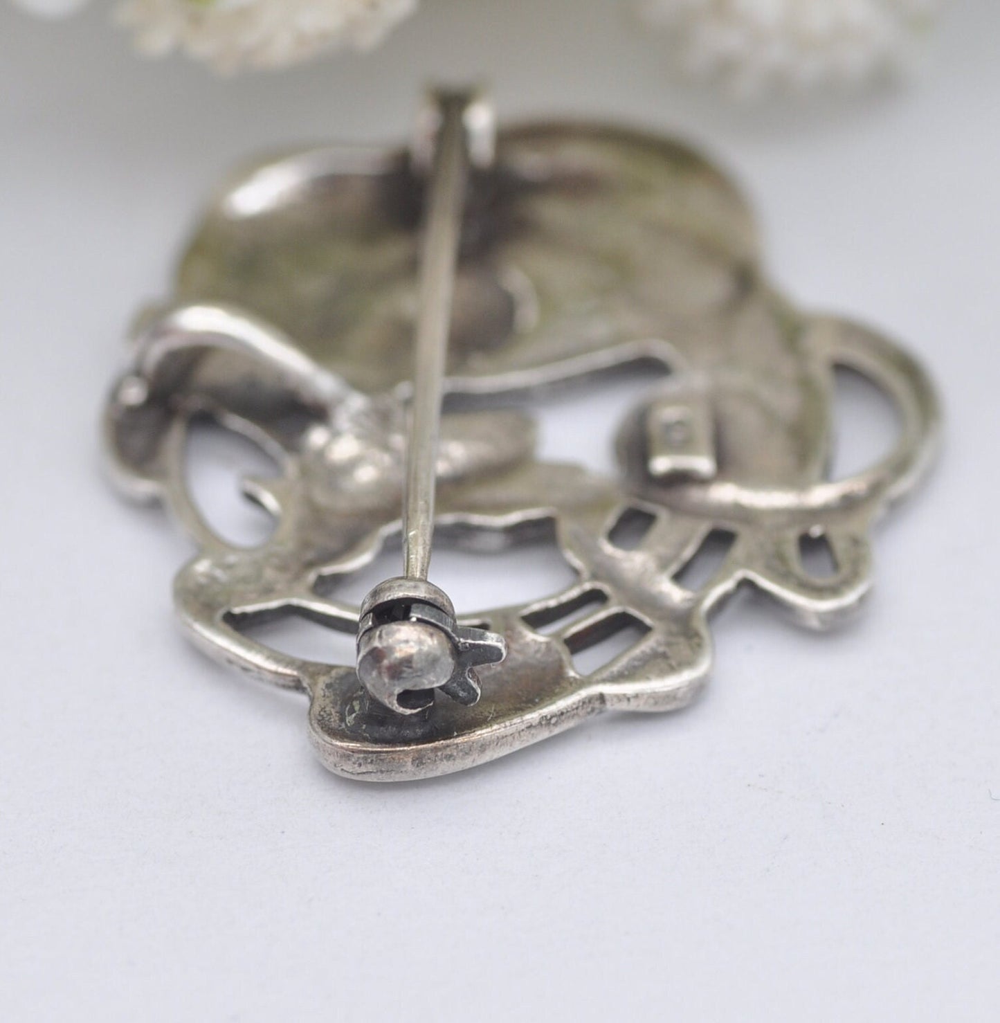 Vintage Sterling Silver Art Nouveau Style Face Brooch - Floral Portrait | Flower Girl