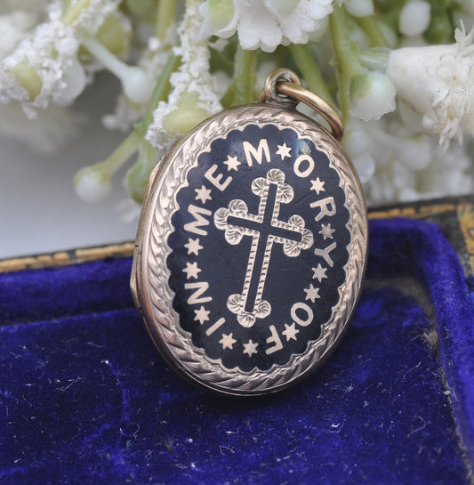 Antique Victorian Gold Back and Front Mourning Locket with Bloodstone Shield Back - Black Enamel | In Memory Of