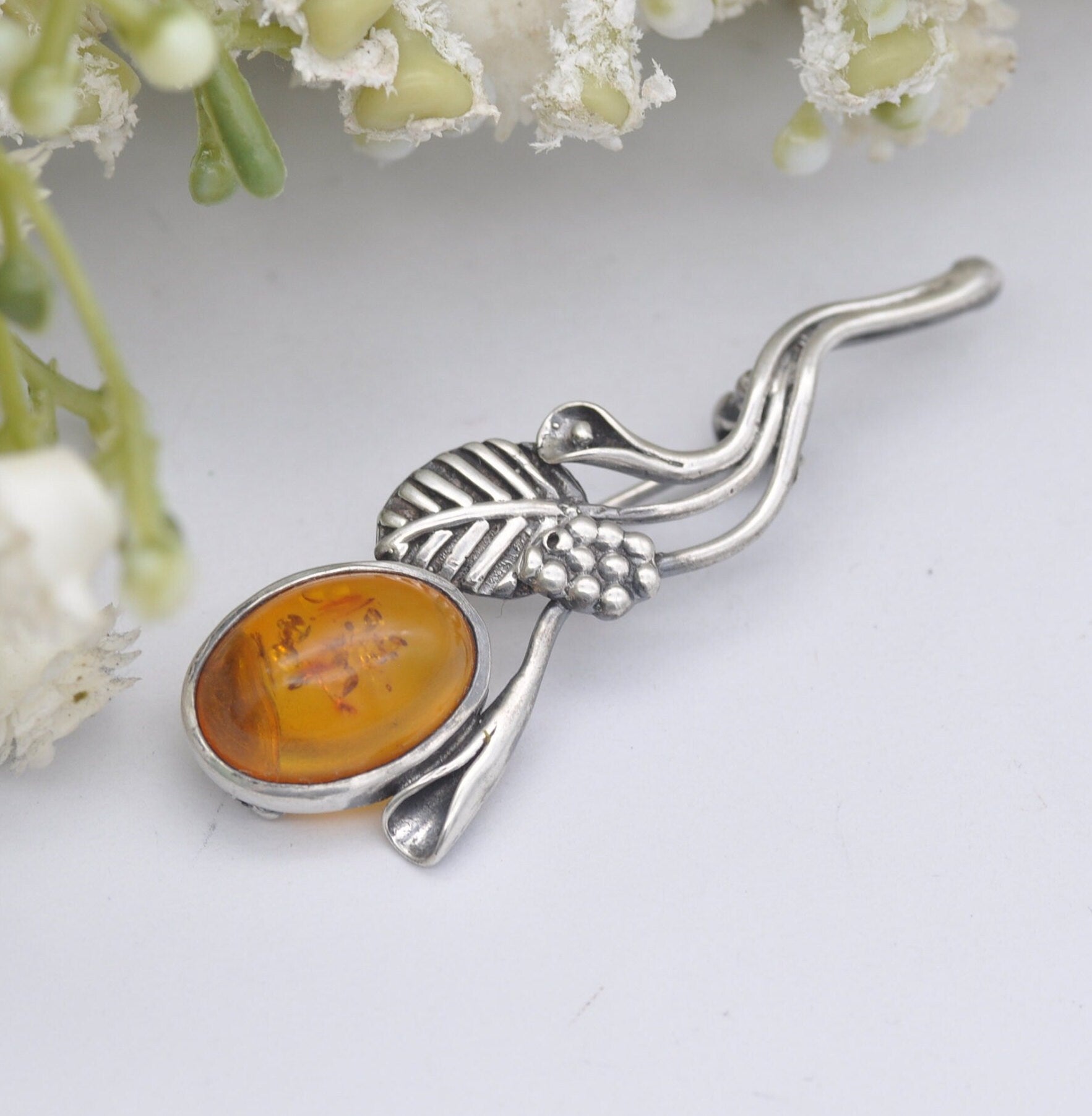 Vintage Sterling Silver Amber Flower Brooch