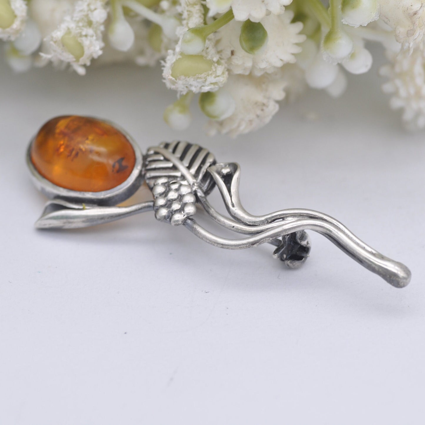 Vintage Sterling Silver Amber Flower Brooch