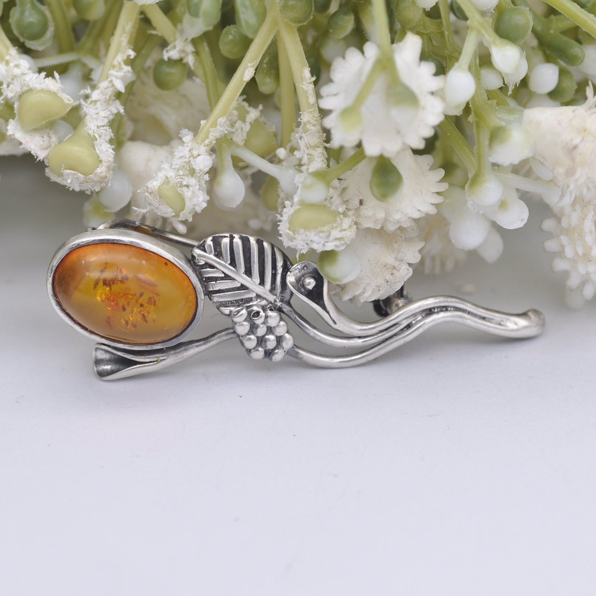 Vintage Sterling Silver Amber Flower Brooch