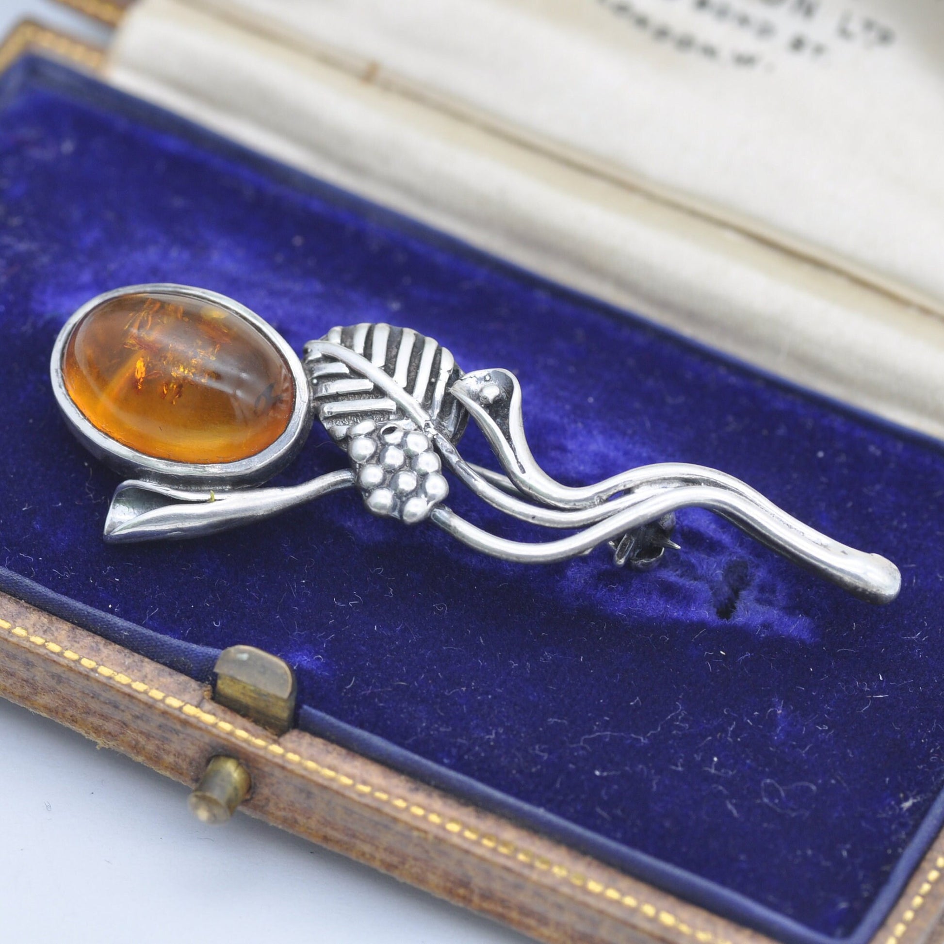 Vintage Sterling Silver Amber Flower Brooch