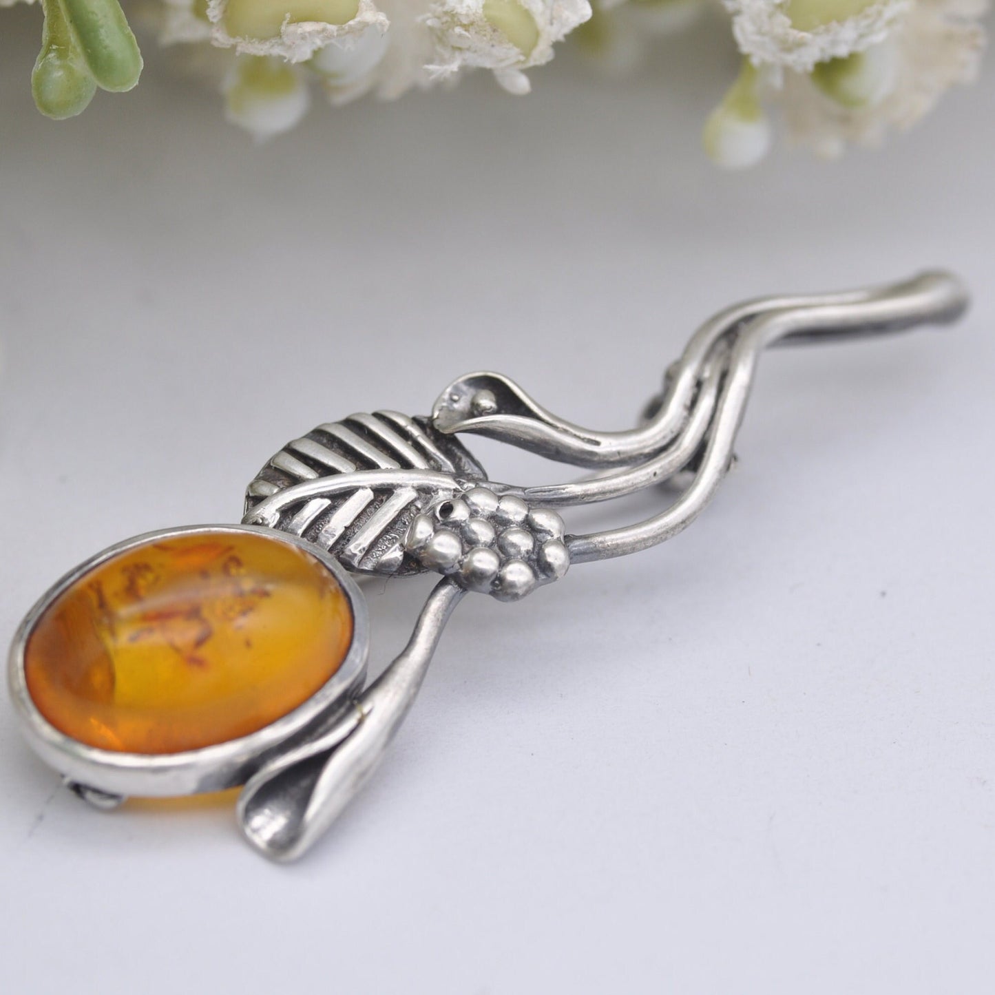 Vintage Sterling Silver Amber Flower Brooch