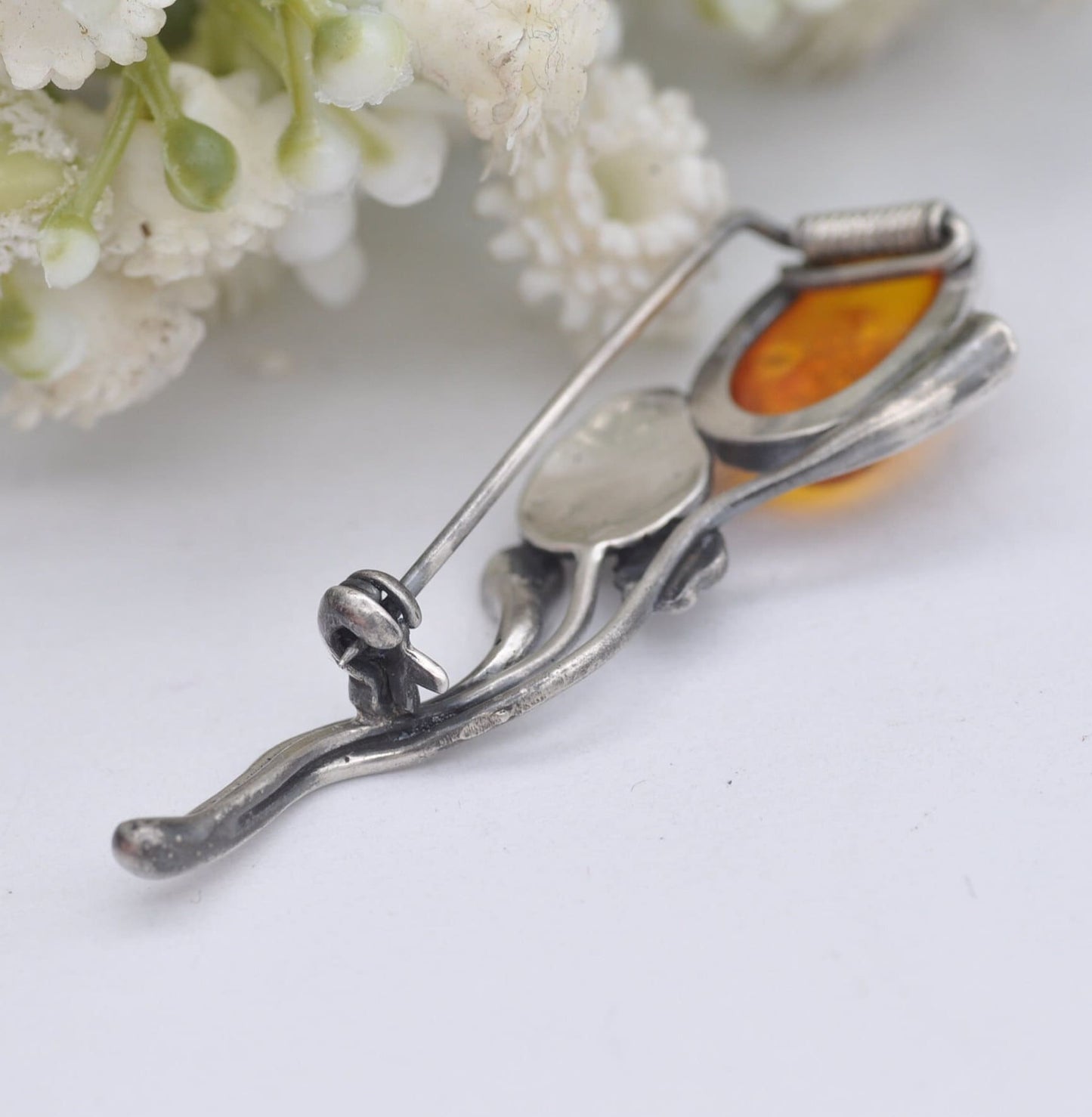 Vintage Sterling Silver Amber Flower Brooch