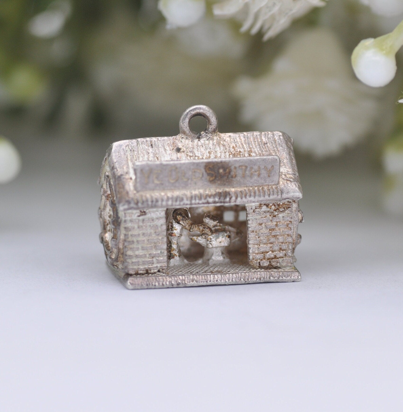 Vintage Sterling Silver Blacksmith Charm Pendant - Ye Old Smithy | Articulated Moving Arm