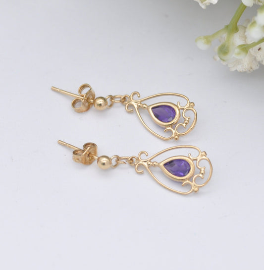 9ct Gold Amethyst Drop Earrings - Ornate Floral Openwork