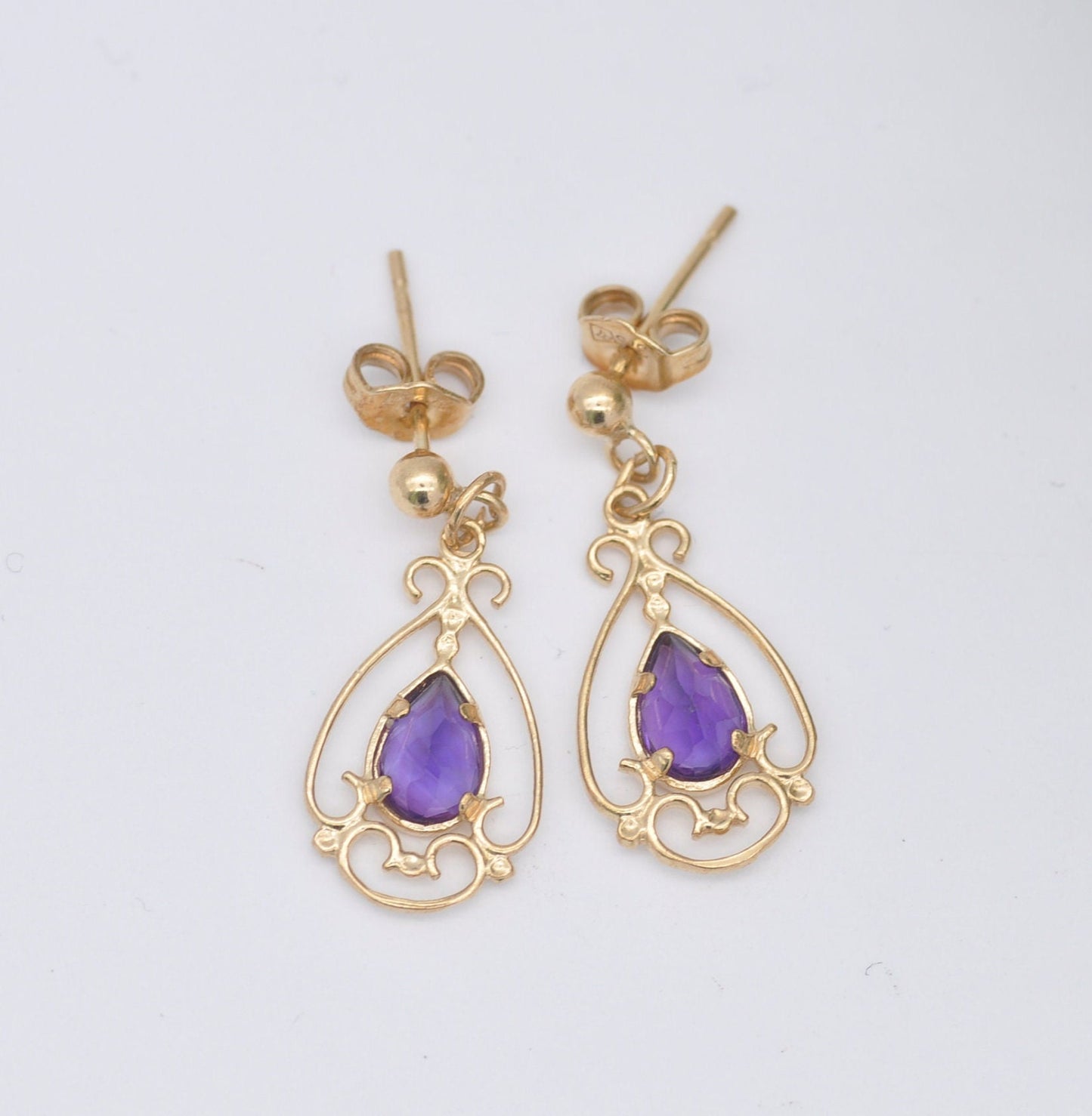 9ct Gold Amethyst Drop Earrings - Ornate Floral Openwork