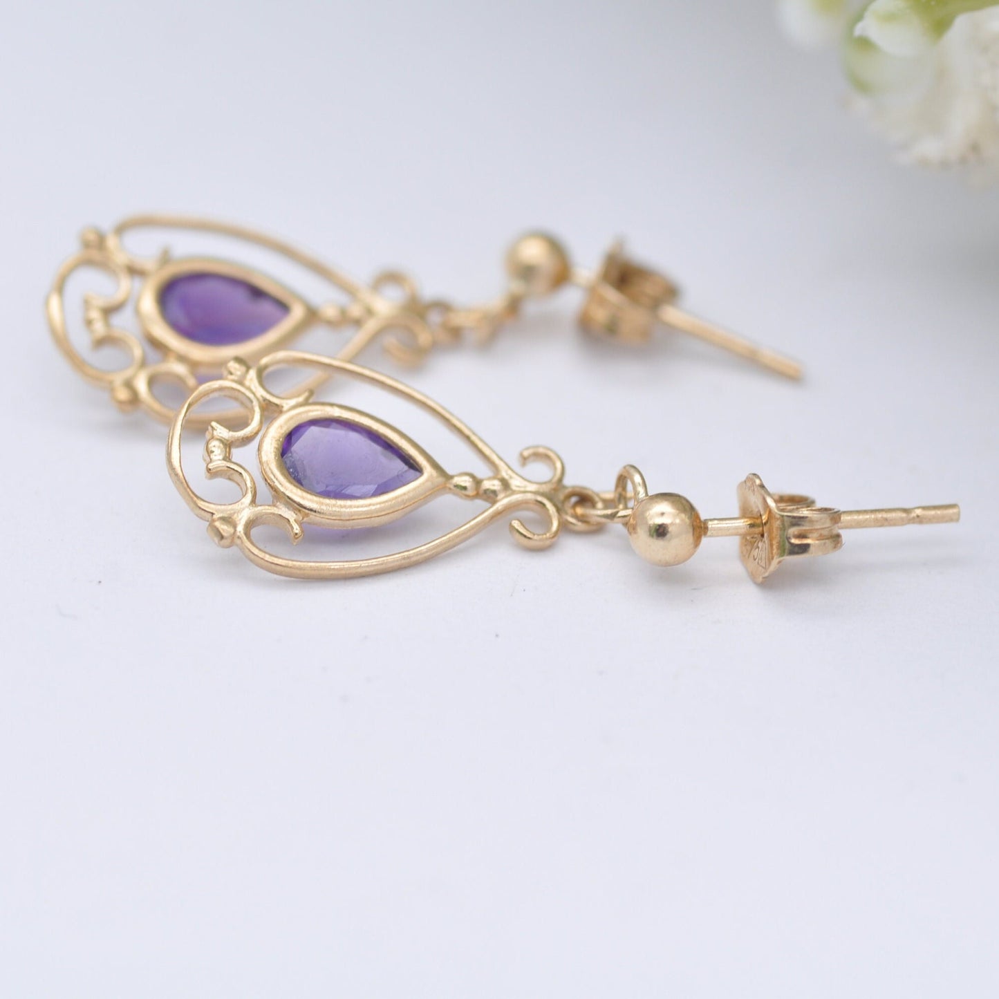 9ct Gold Amethyst Drop Earrings - Ornate Floral Openwork