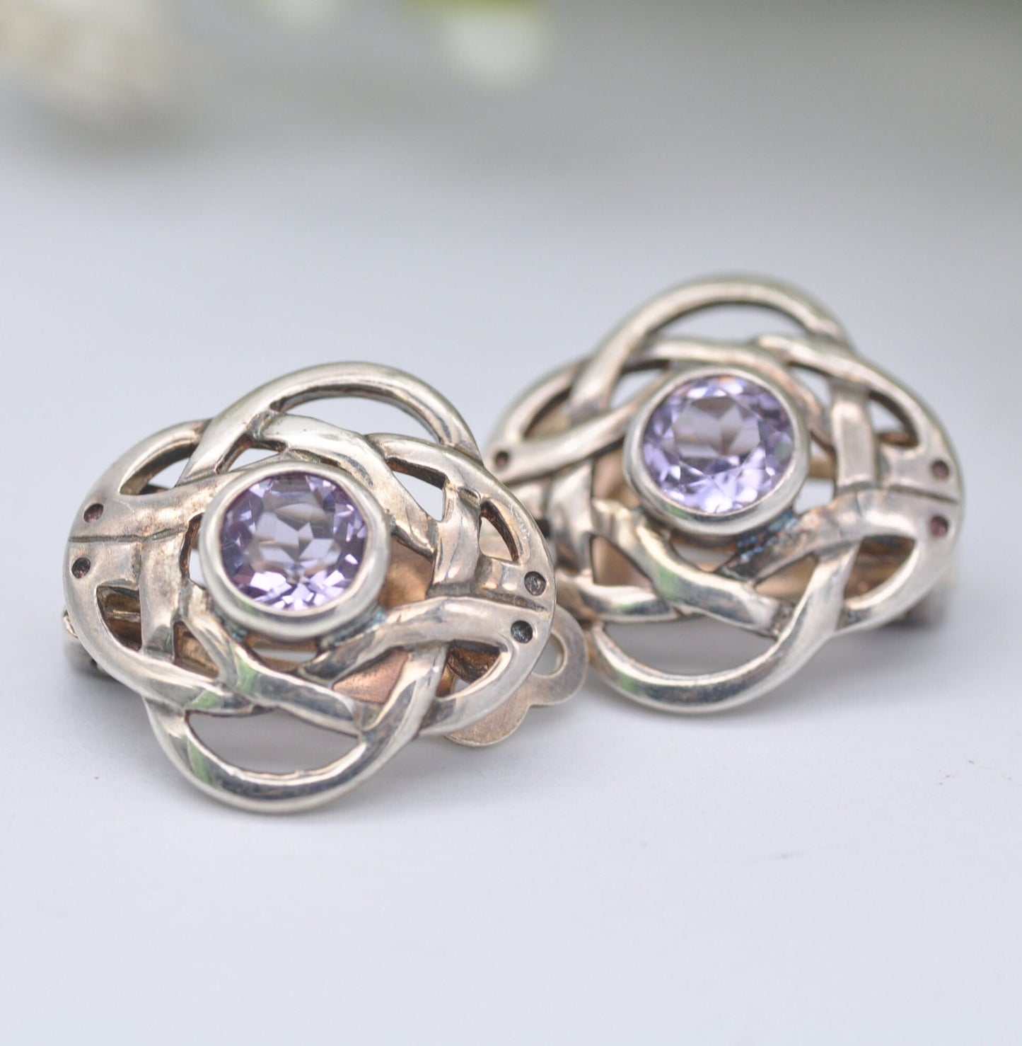 Vintage Kit Heath Sterling Silver Amethyst Clip On Earrings - Quatrefoil Celtic Knot Studs