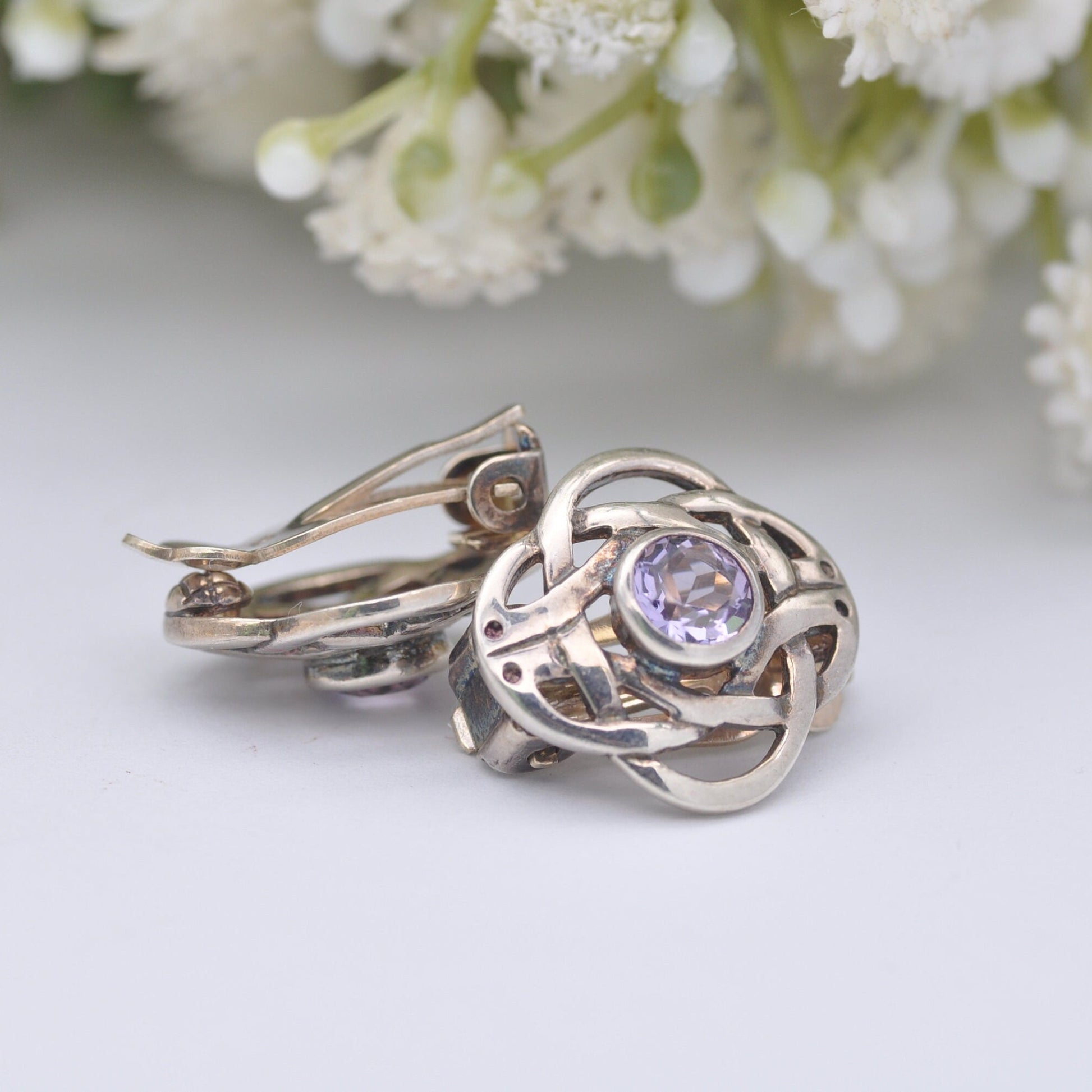 Vintage Kit Heath Sterling Silver Amethyst Clip On Earrings - Quatrefoil Celtic Knot Studs