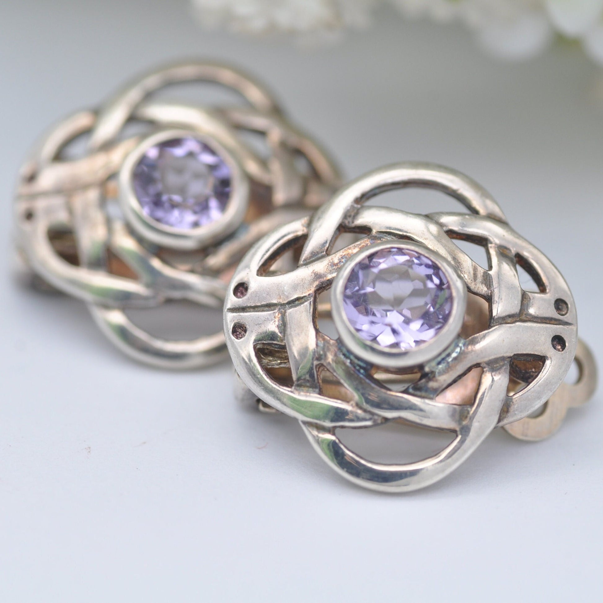 Vintage Kit Heath Sterling Silver Amethyst Clip On Earrings - Quatrefoil Celtic Knot Studs