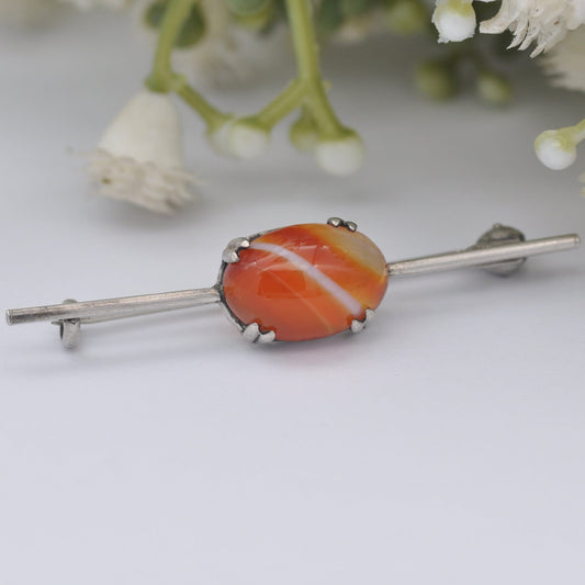 Antique Sterling Silver Red Agate Bar Brooch - Banded Agate | Orange and White