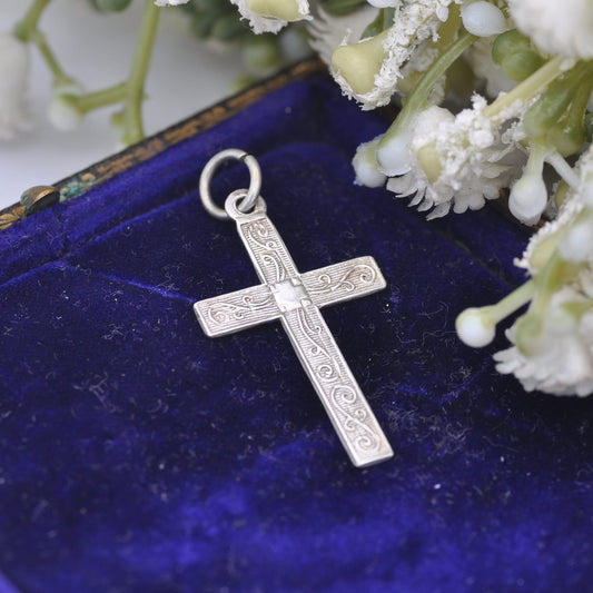 Antique Sterling Silver Cross Pendant with Scrolling Design