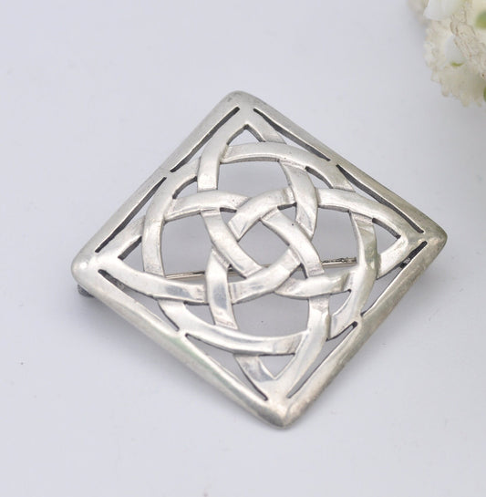 Vintage Sterling Silver Square Celtic Cross Brooch - Openwork Silver Knot