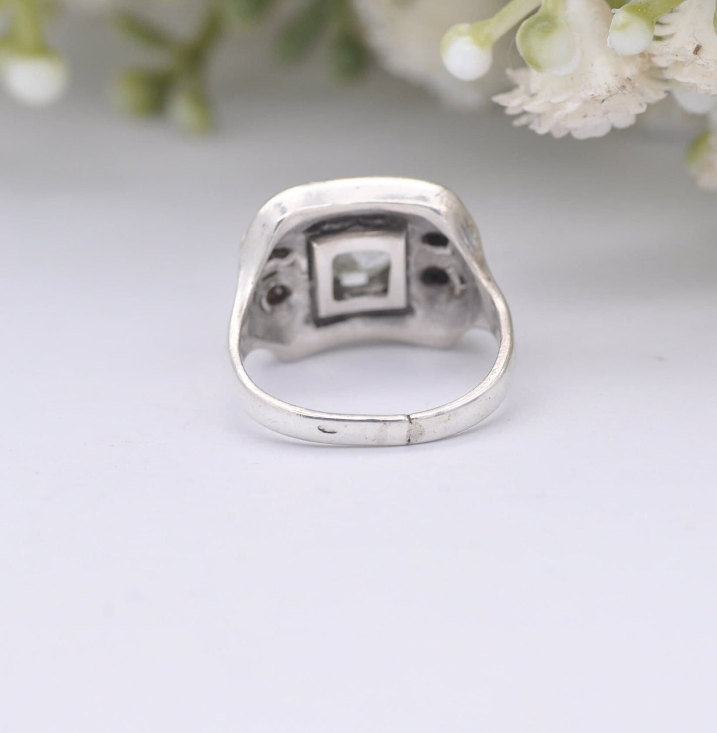 Antique Art Deco Sterling Silver Tank Ring with Large Clear Paste Stones - Deco Cocktail Jewellery | UK Size - I | US Size - 4 1/4