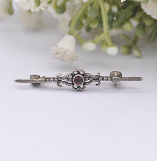 Vintage Sterling Silver Red Crystal Bar Brooch - Ornate Antique Style