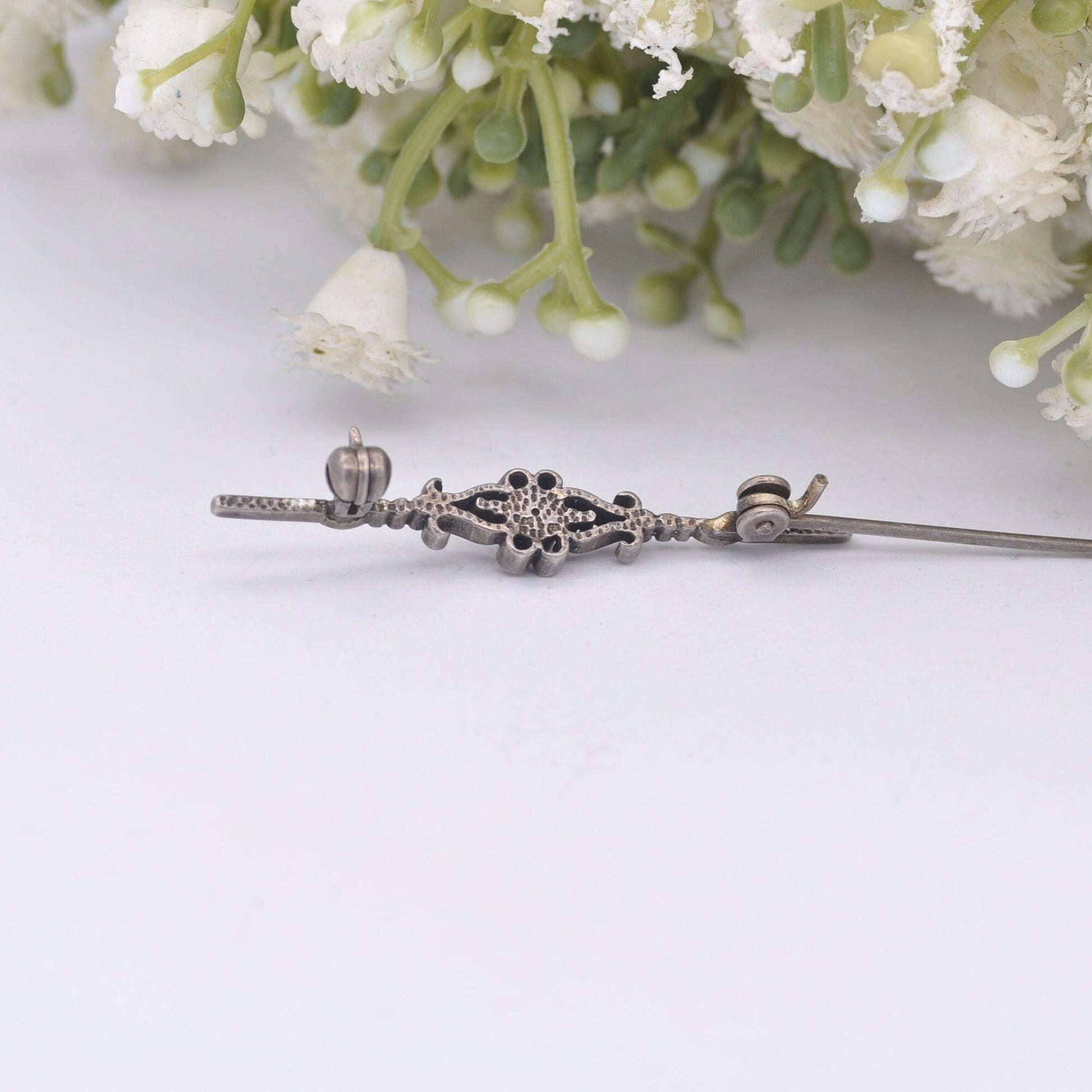 Vintage Sterling Silver Red Crystal Bar Brooch - Ornate Antique Style