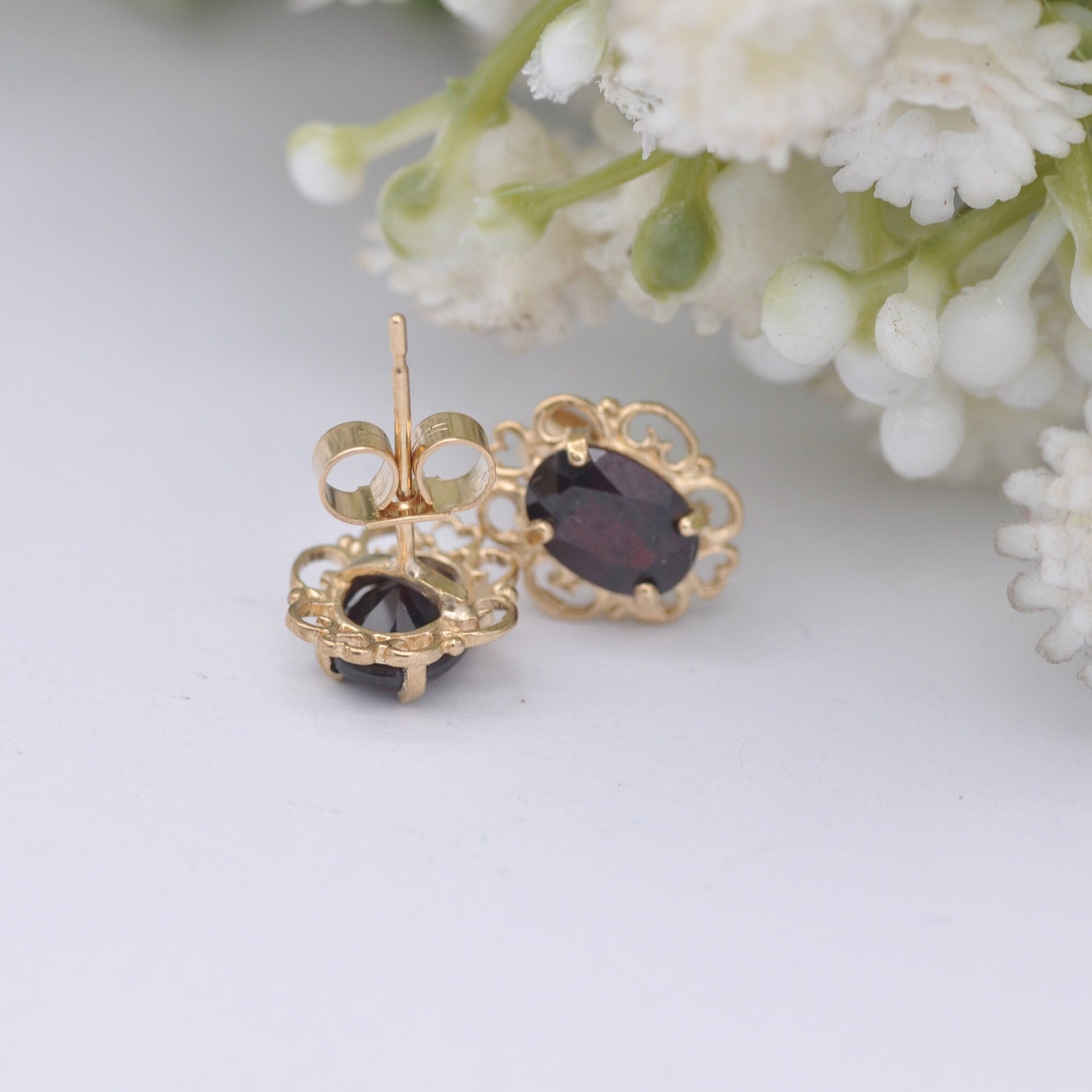 9ct Gold Garnet Stud Earrings 2002 - Ornate Frames | Butterfly Backs