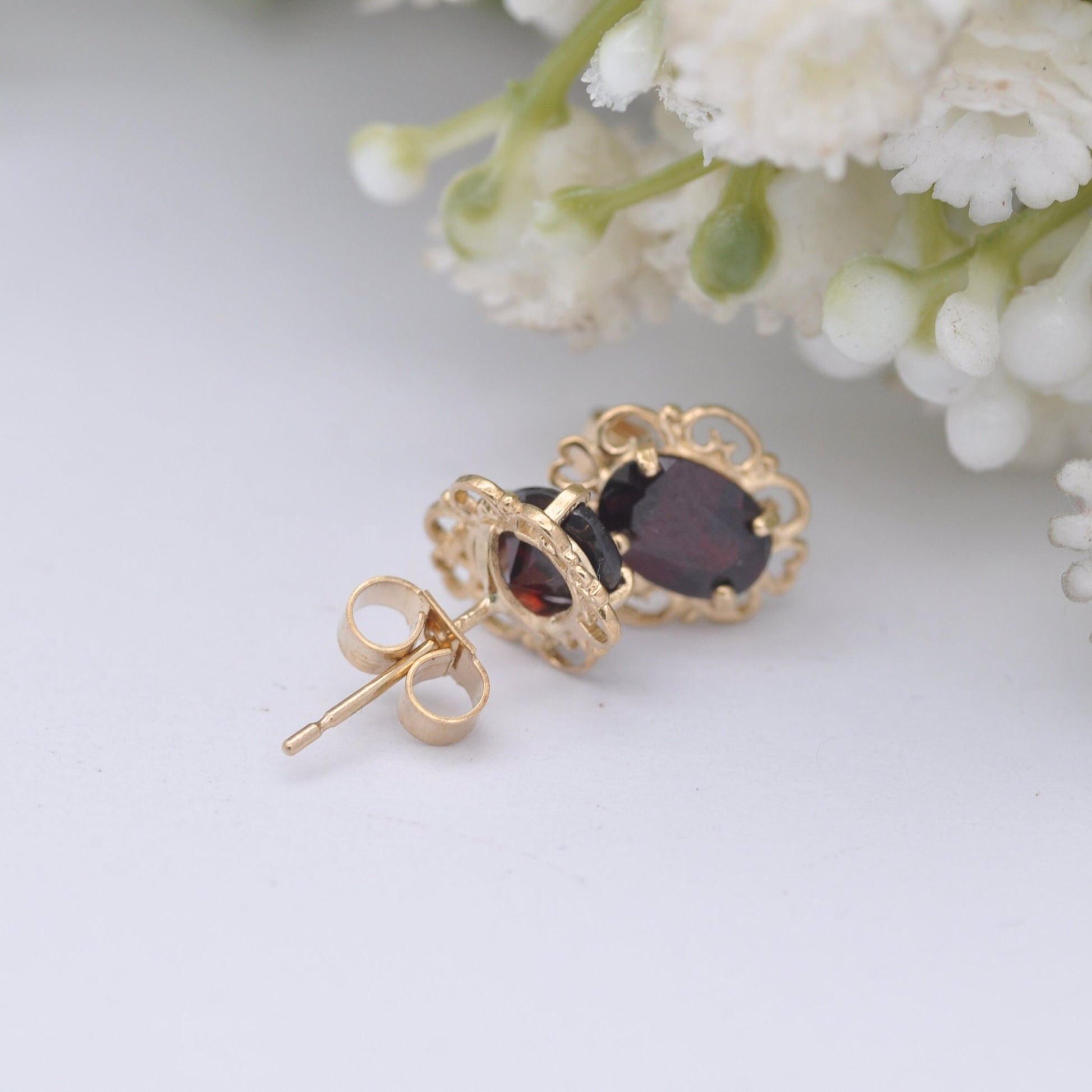 9ct Gold Garnet Stud Earrings 2002 - Ornate Frames | Butterfly Backs