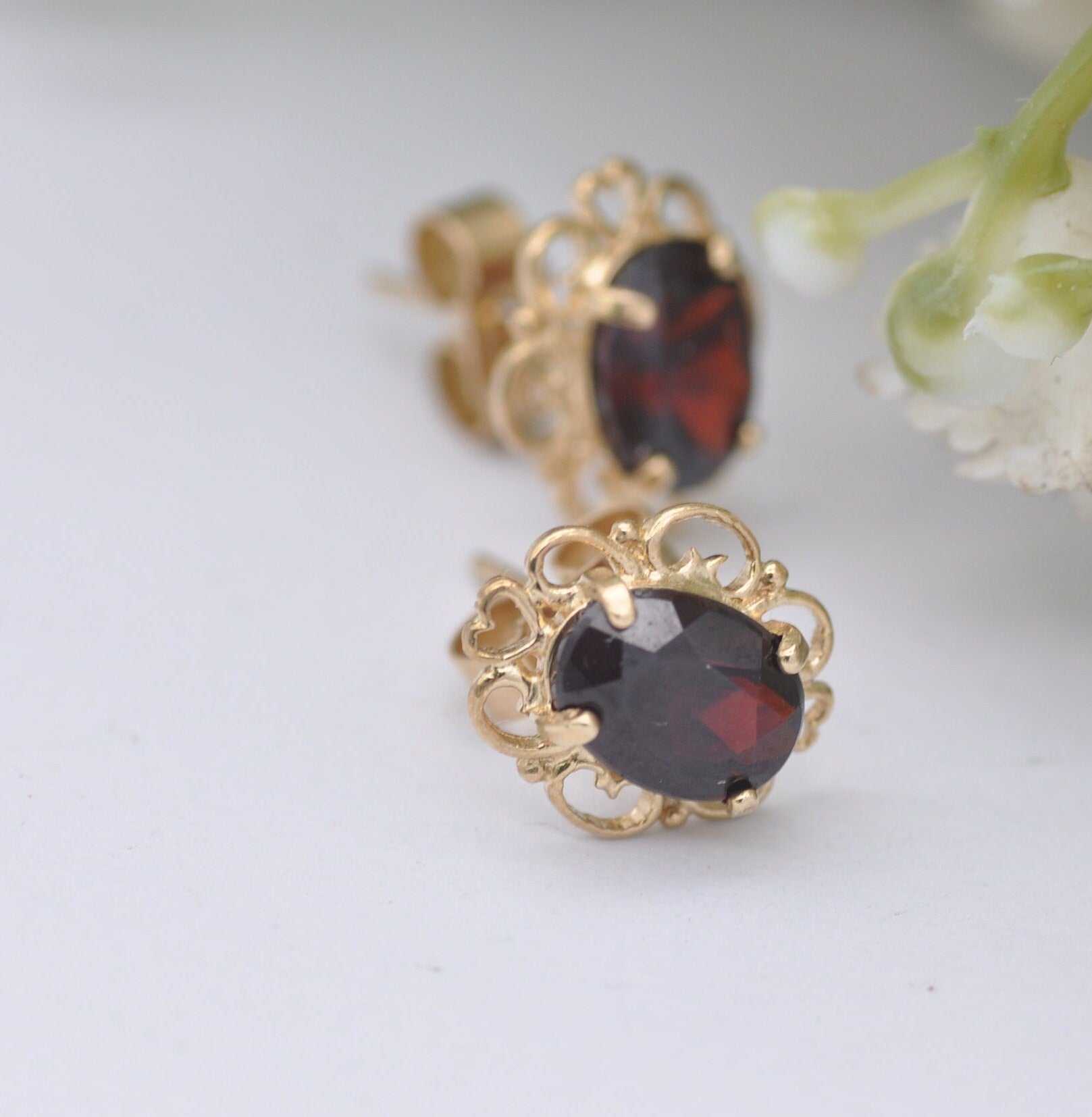 9ct Gold Garnet Stud Earrings 2002 - Ornate Frames | Butterfly Backs