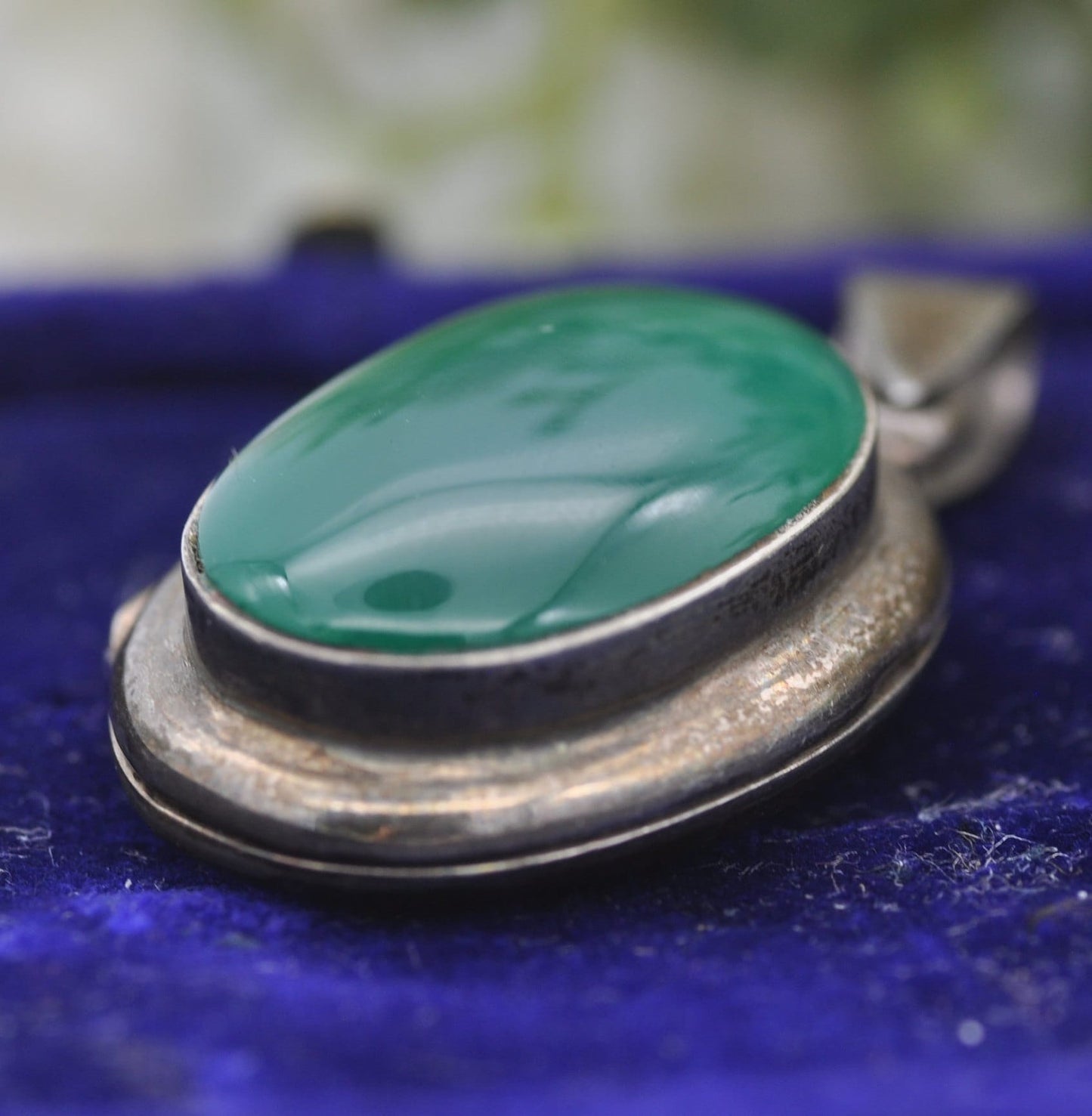 Vintage Sterling Silver Chrysoprase Locket Pendant - Oval Cabochon Gemstone